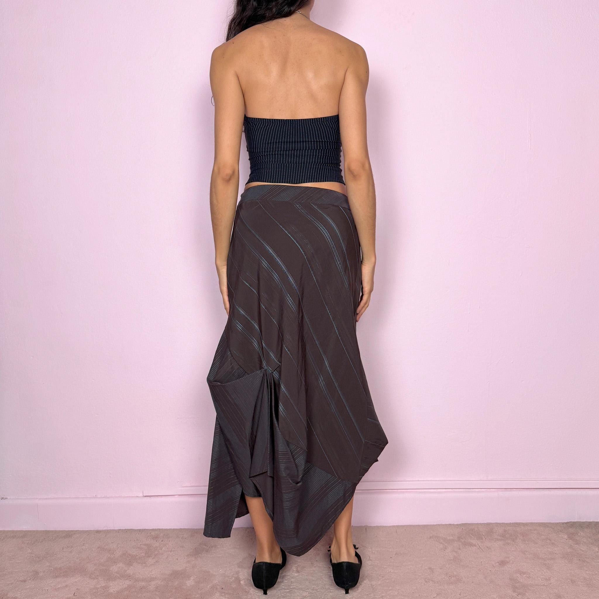 Vintage Y2K Brown Skirt, Pinstripe Asymmetrical Midi 2000s – Size S