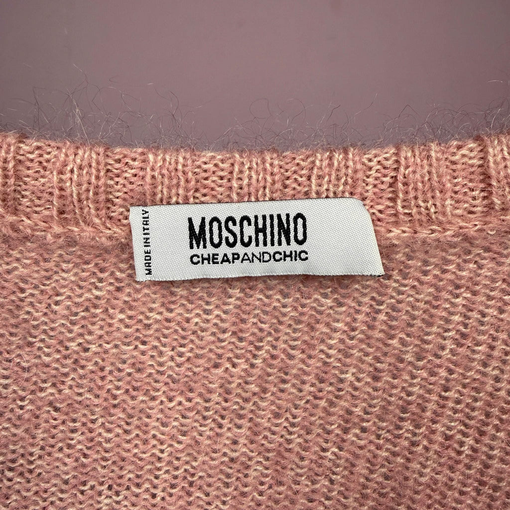 Vintage Y2K Pink Sweater, Moschino Wool Rosette V Neck 2000s – Size S