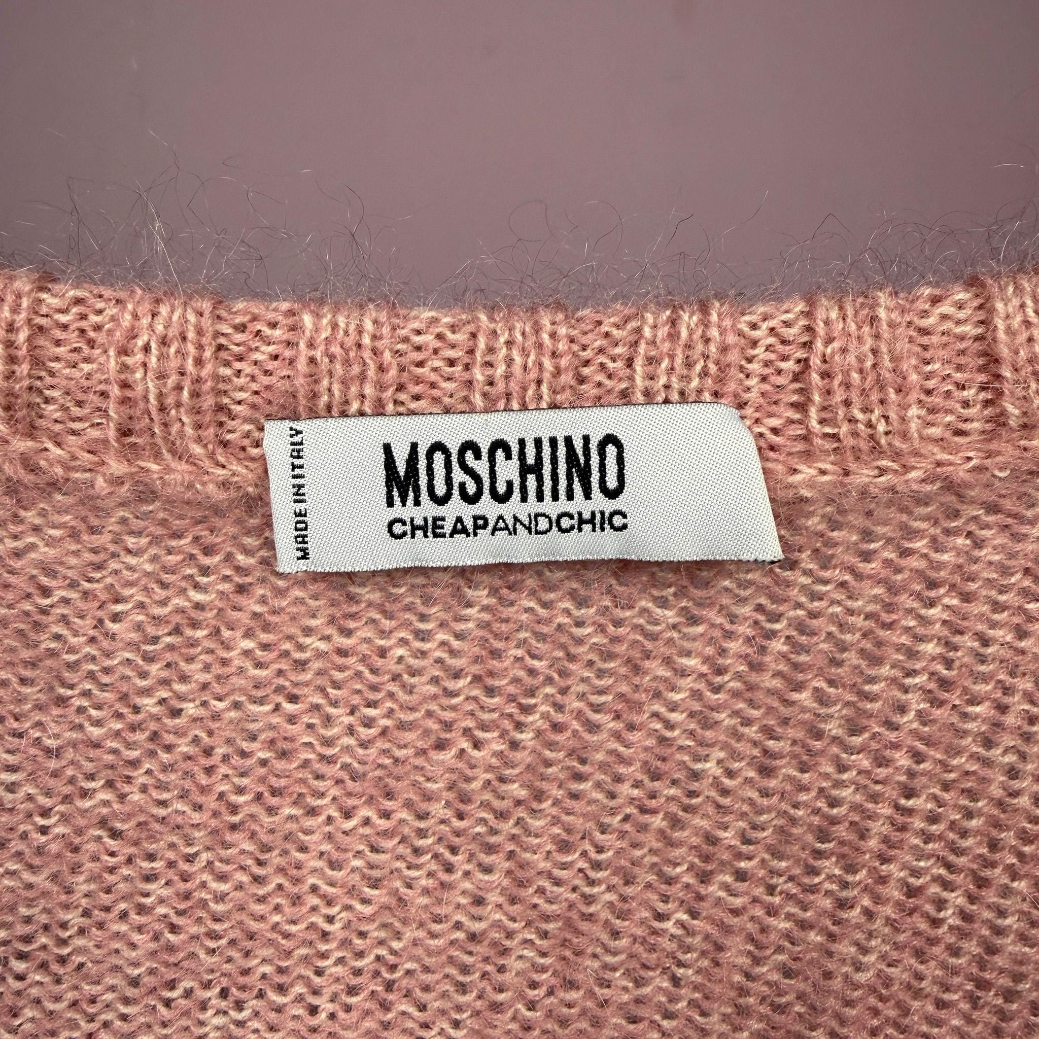 Vintage Y2K Pink Sweater, Moschino Wool Rosette V Neck 2000s – Size S