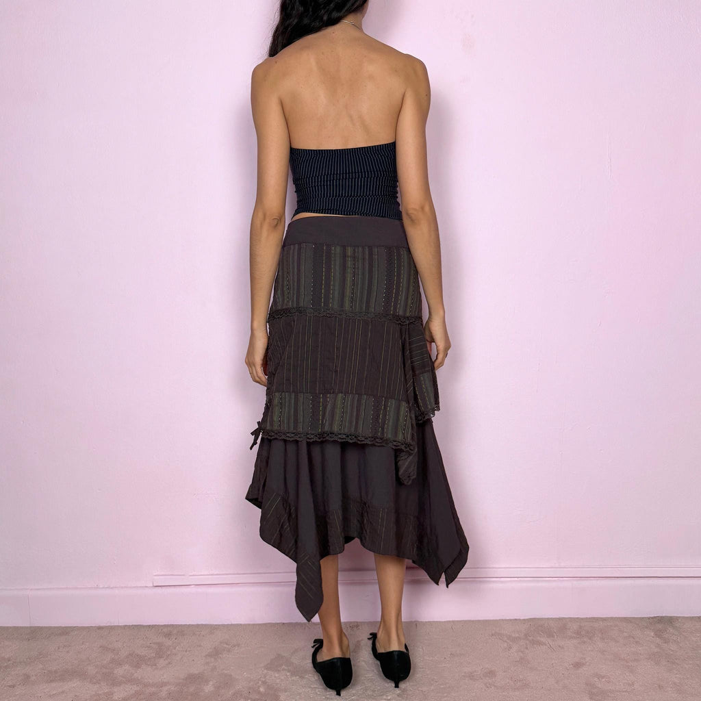 Vintage Y2K Brown Skirt Asymmetric Layered Midi 2000s Size S