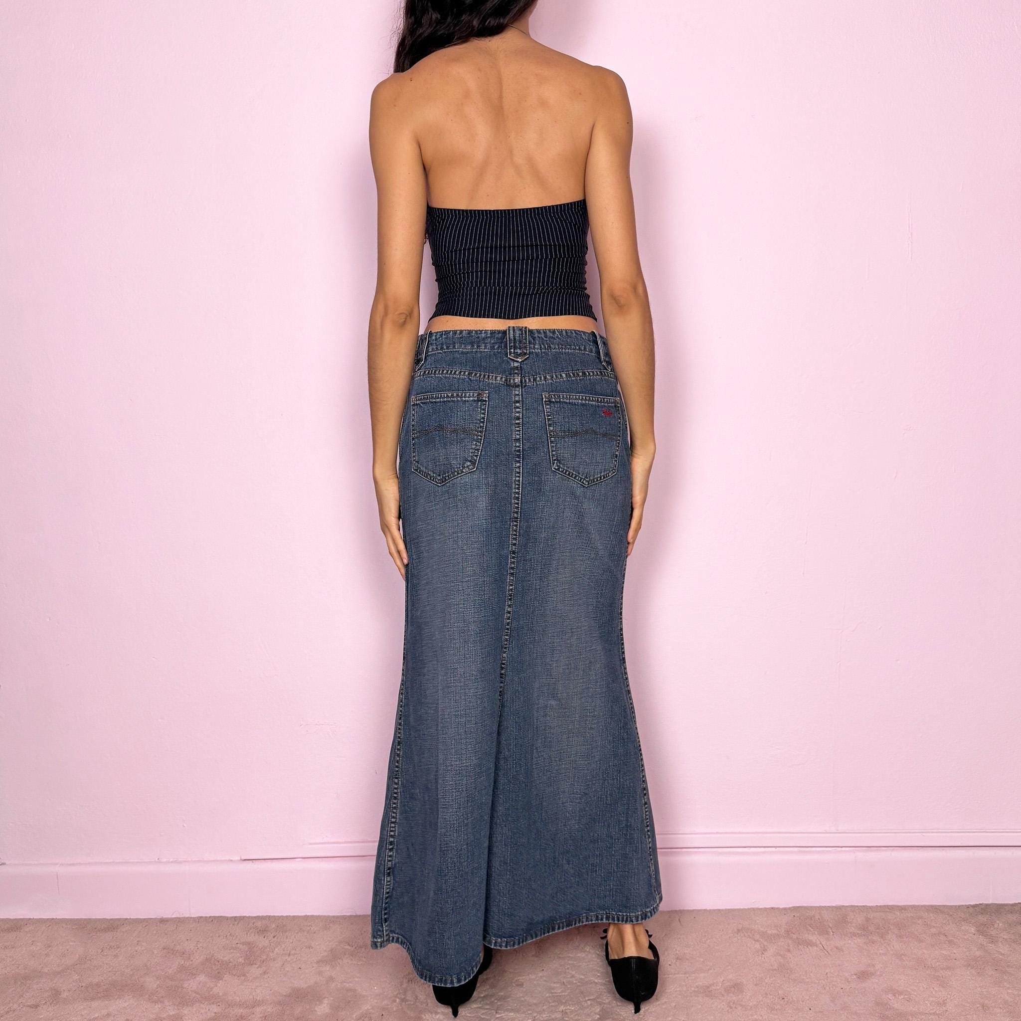 Vintage Y2K Denim Maxi Skirt Blue Flared Low Rise 2000s Size S