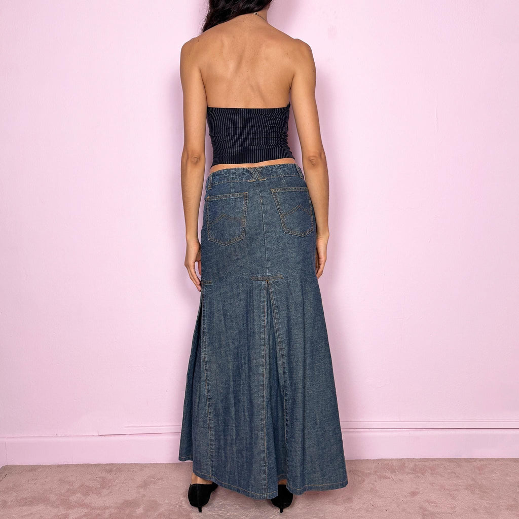 Vintage Y2K Denim Maxi Skirt Blue Godet Panel 2000s Size XS