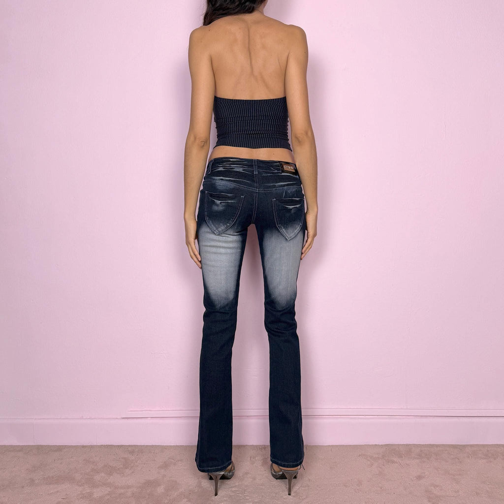 Vintage Y2K Low Rise Jeans Dark Wash Straight Leg Faded Denim 2000s Size XS