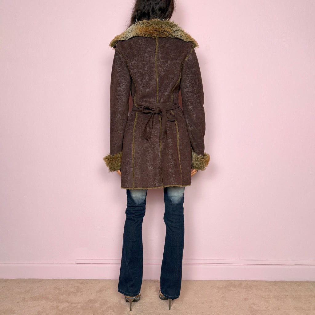 Vintage Y2K Penny Lane Coat Brown Faux Fur Belted 2000s Size S