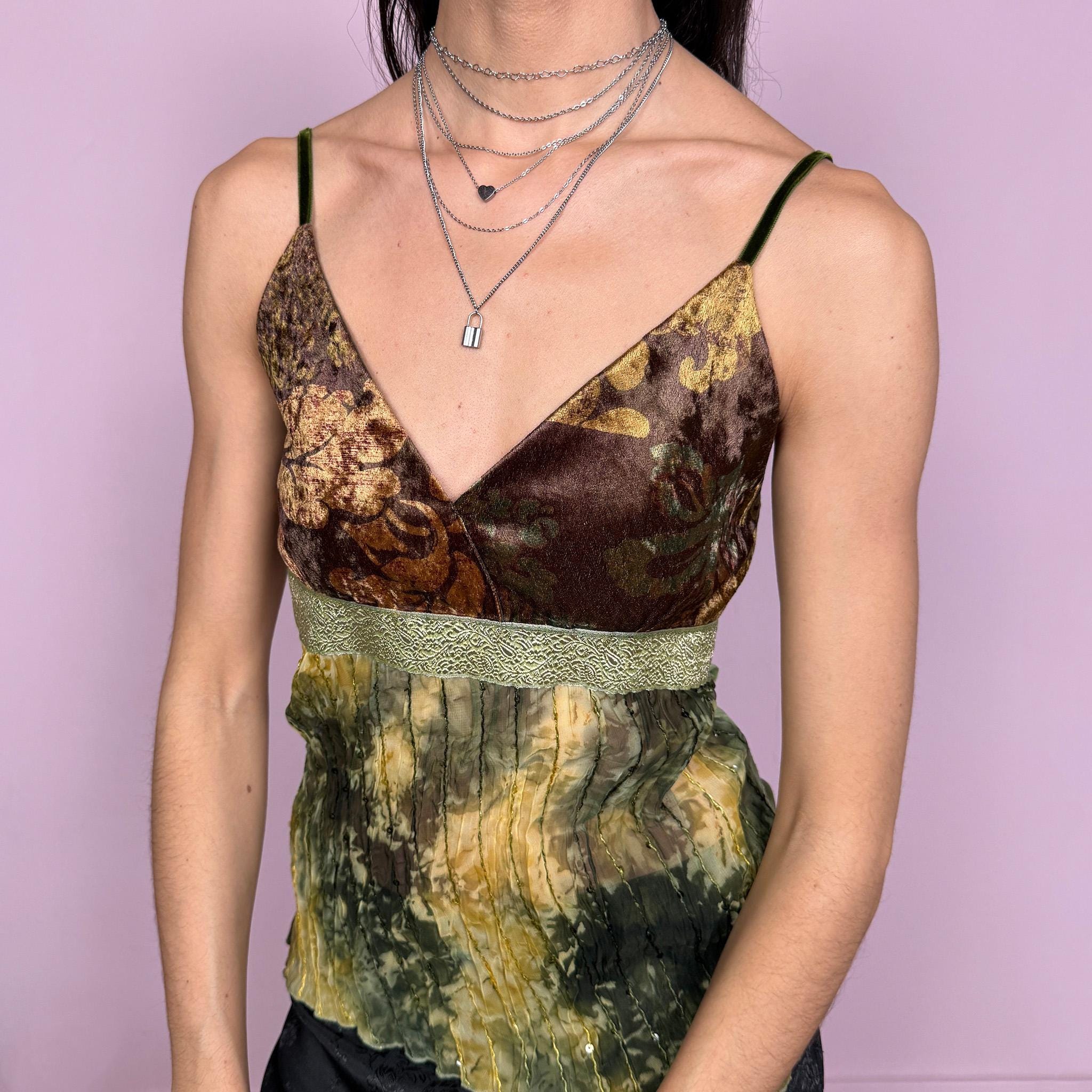 Vintage 2000s boho fairycore V-neck cami top with a stretchy fit, featuring a semi sheer panel in green and yellow tie dye and a brown floral velvet bust panel. Designed with a soft flowing silhouette and contrasting textures for a unique look. Perfect for summer, holiday, or vacation wear. Made from 45% cotton with polyester and elastane blend by a Spanish brand. Excellent vintage condition.
