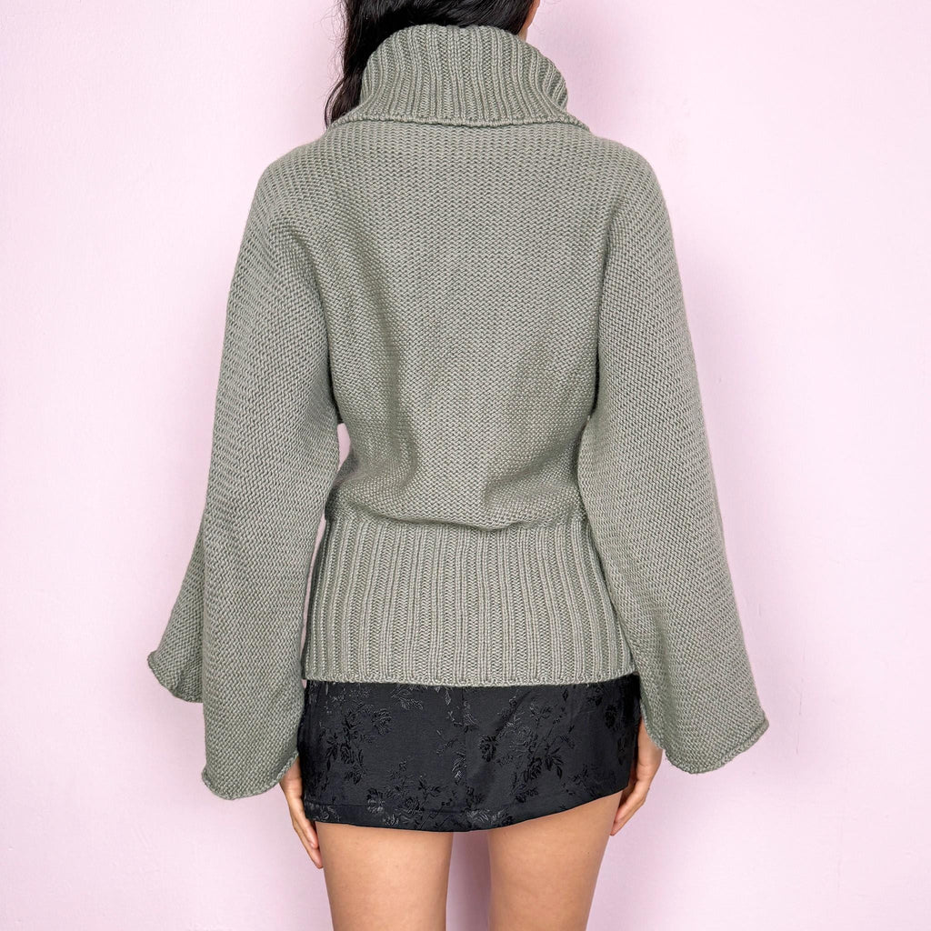 Vintage Green Sweater Wool Cable Knit Turtleneck Size M