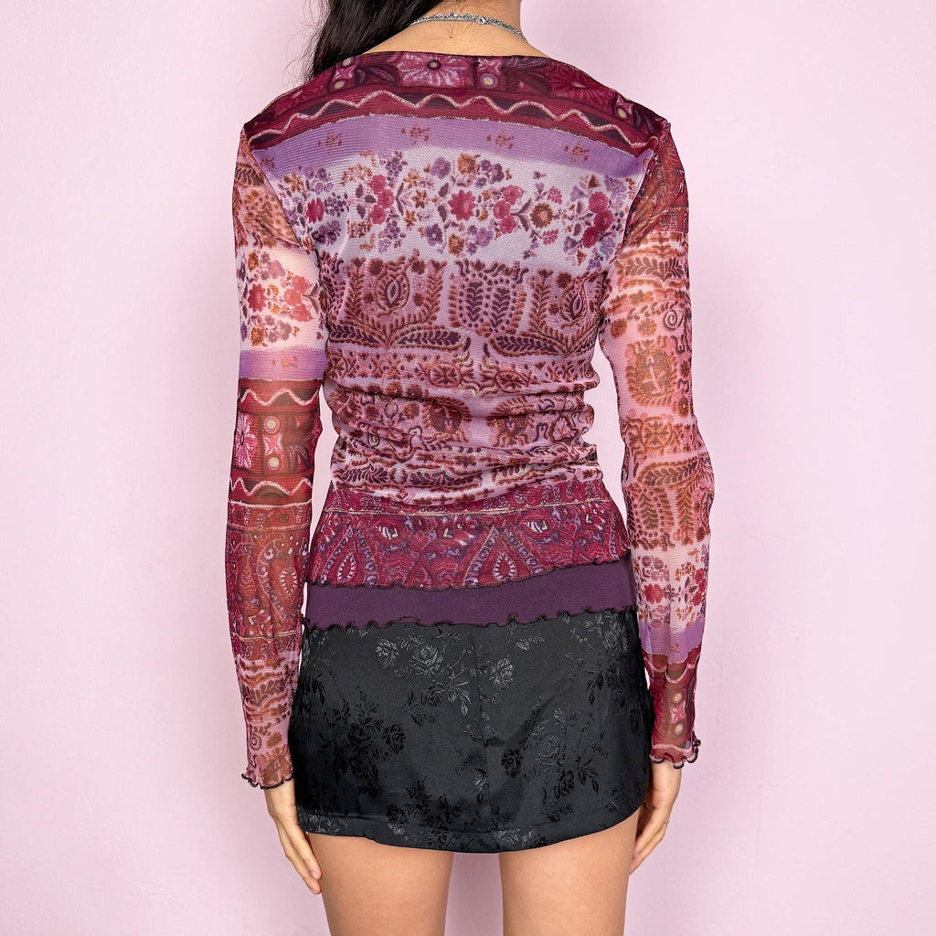 Vintage Y2K Purple Top Mesh Paisley Asymmetric V Neck 2000s Size S