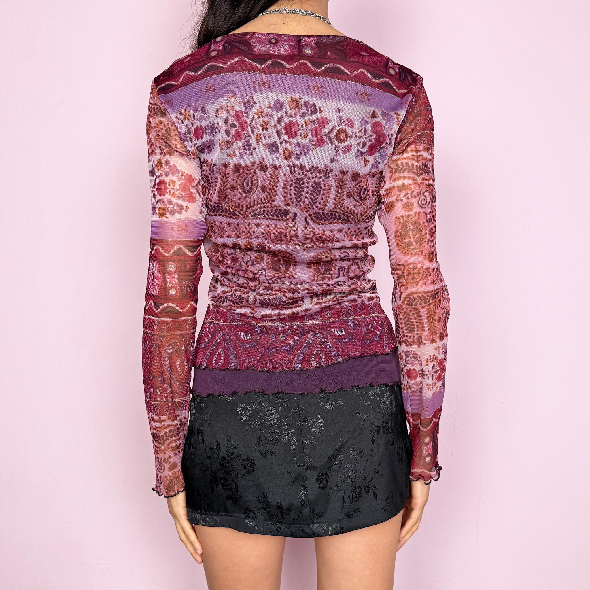 Vintage Y2K Purple Top Mesh Paisley Asymmetric V Neck 2000s Size S