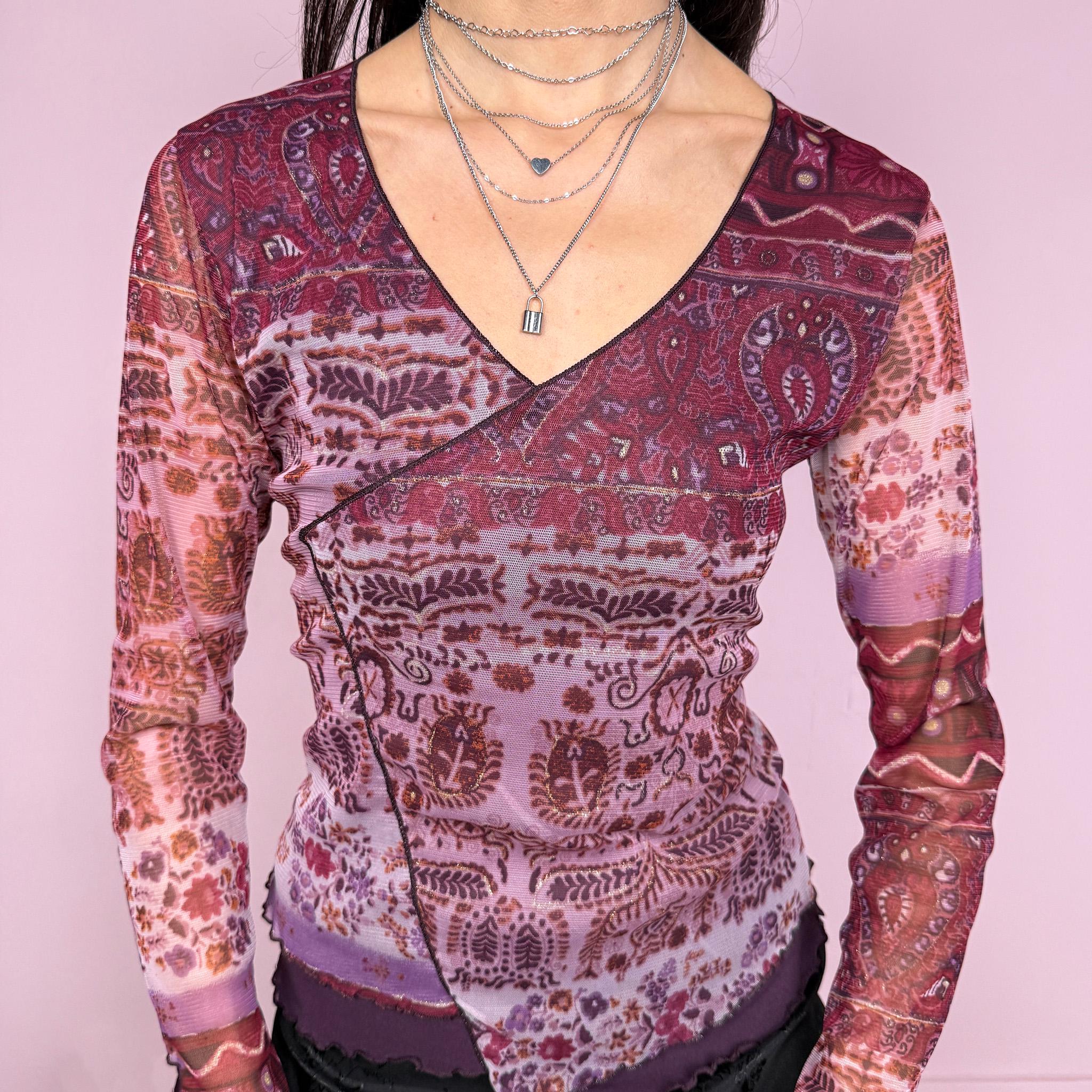 Vintage 2000s boho purple lilac abstract paisley graphic print mesh long sleeve fitted stretchy top with an asymmetric front detail and V-neck. Lightweight with a soft sheer texture, perfect for spring or autumn layering with a whimsical fairycore feel. Excellent vintage condition.