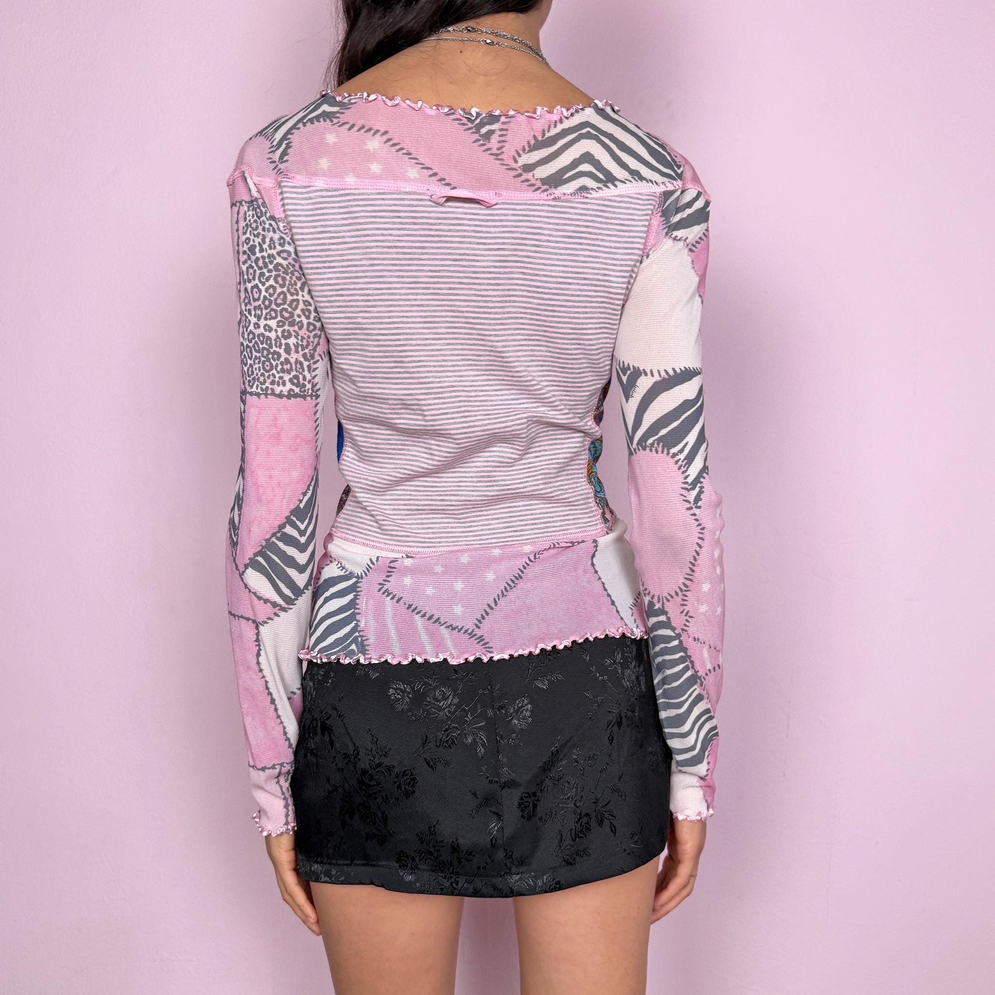 Vintage Y2K Pink Top Mesh Print Blouse 2000s Size S