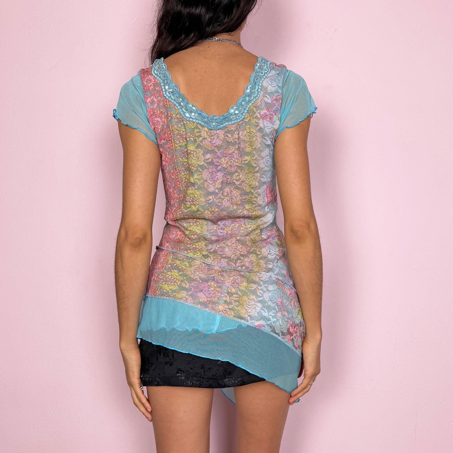 Vintage Y2K Blue Top Mesh Lace Sequin Asymmetric 2000s Size M