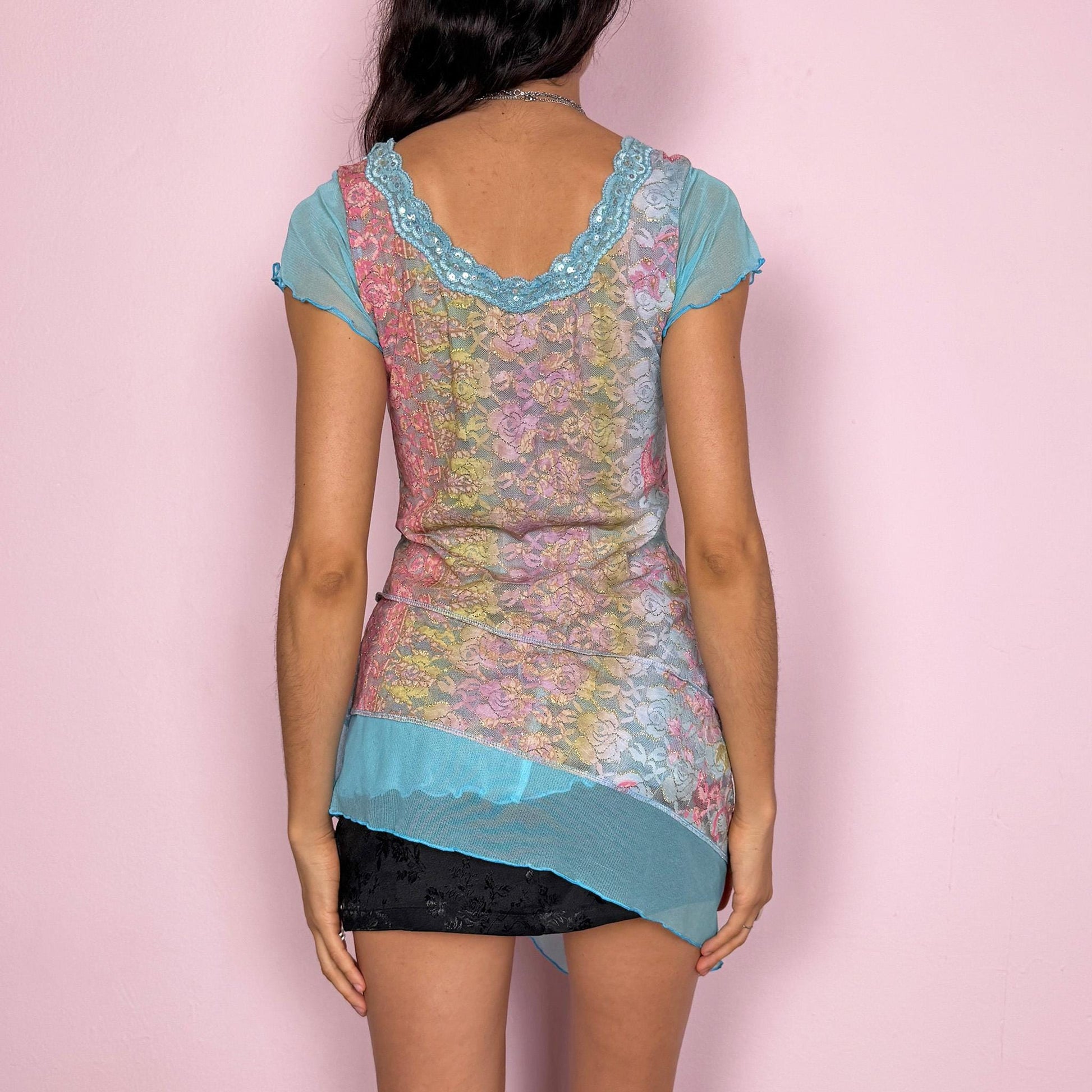 Vintage Y2K Blue Top Mesh Lace Sequin Asymmetric 2000s Size M