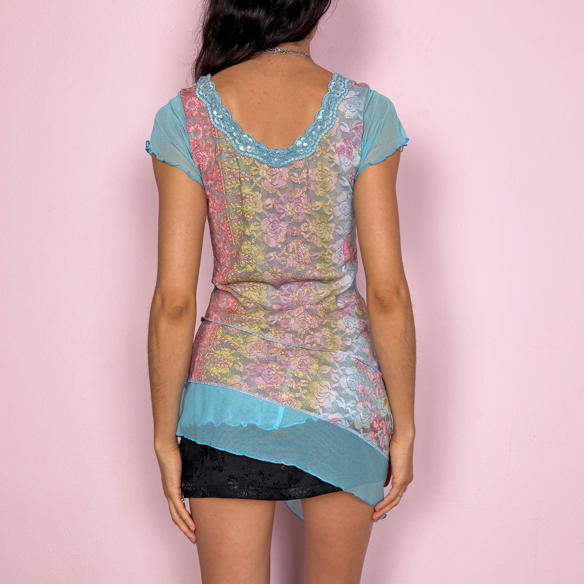 Vintage Y2K Blue Top Mesh Lace Sequin Asymmetric 2000s Size M