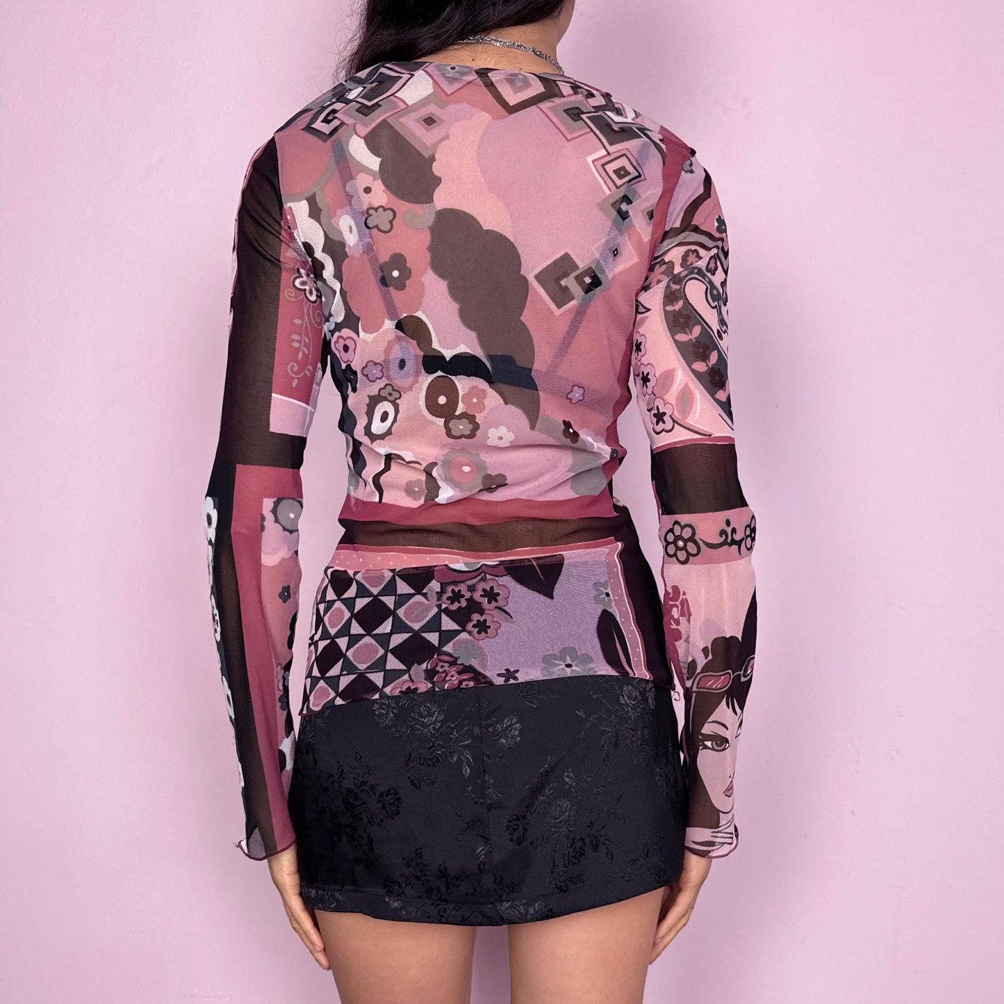 Vintage Y2K Pink Top Mesh Graphic Print Sheer 2000s Size M