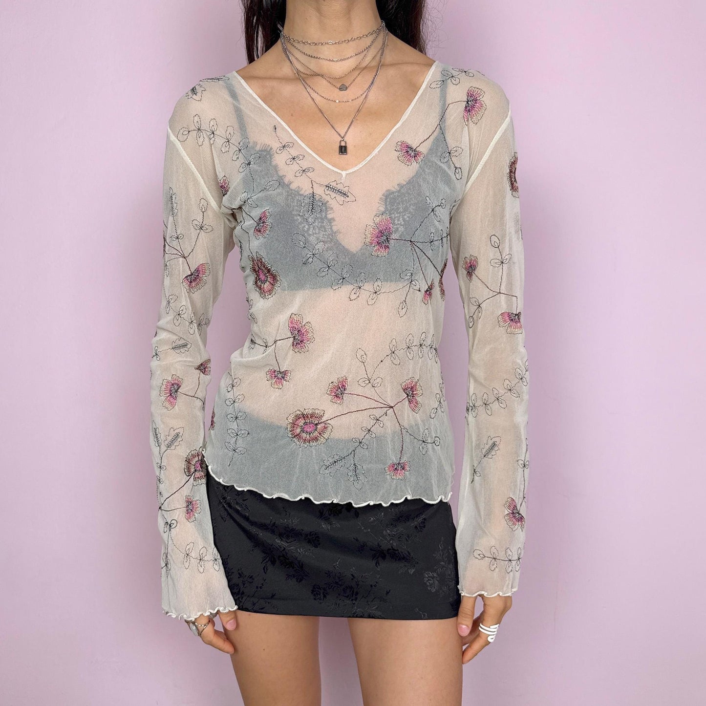 Vintage 2000s delicate soft ethereal cream mesh sheer long sleeve top with flared sleeves and a V-neck. Features floral embroidered details and a stretchy fitted silhouette with a subtle lettuce hem. Lightweight and airy, perfect for spring or summer layering with an artistic feel. Great vintage condition.