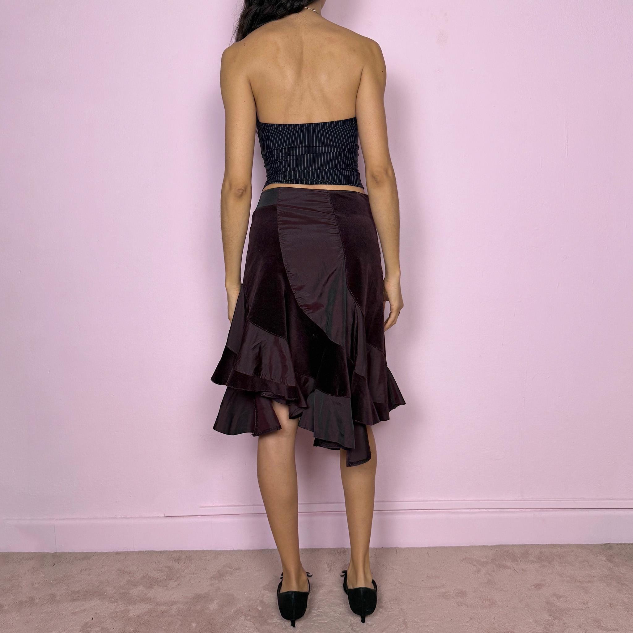Vintage Y2K Burgundy Skirt Asymmetric Midi Satin Velvet 2000s Size S