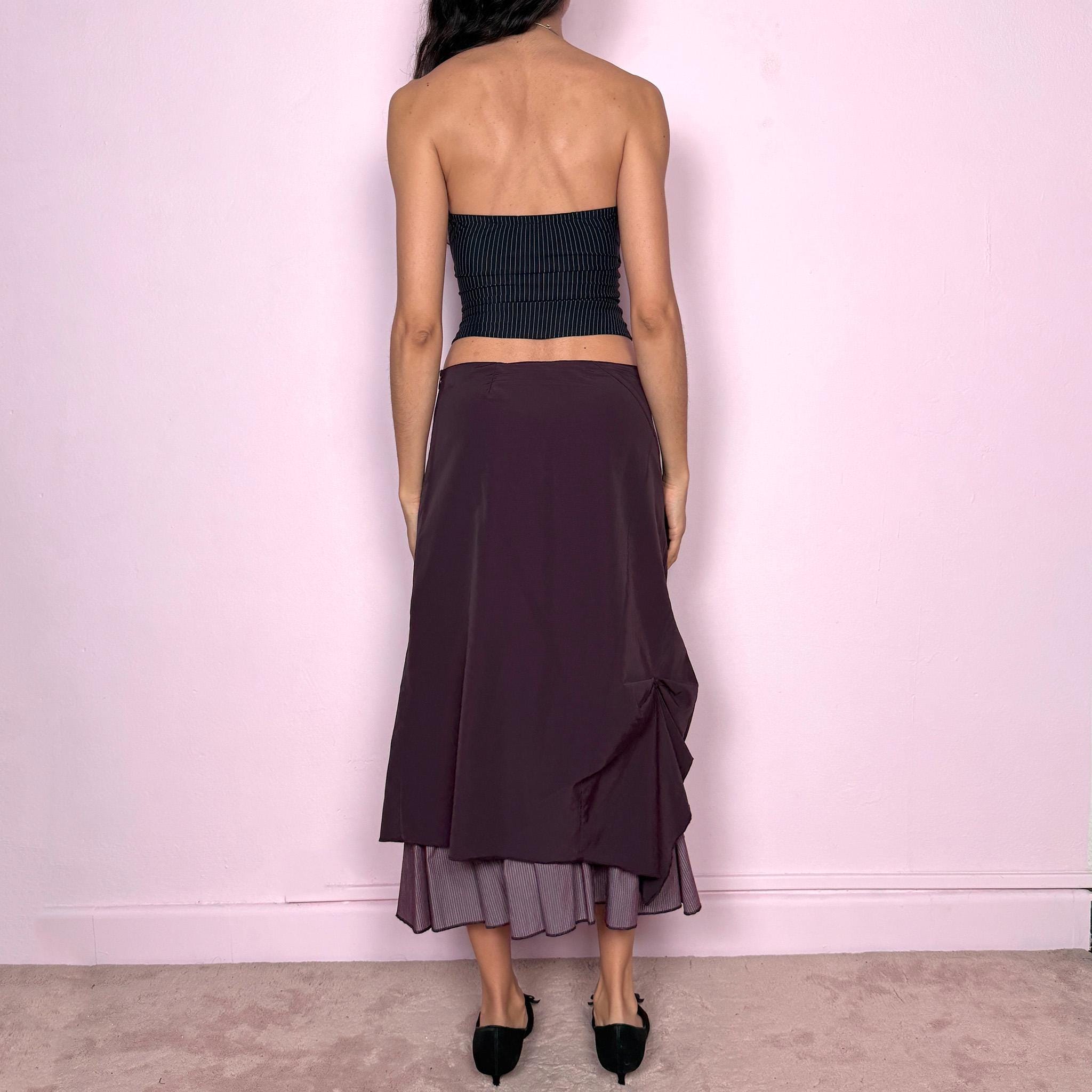 Vintage Y2K Purple Skirt Draped Ruched Ruffle Midi 2000s Size M