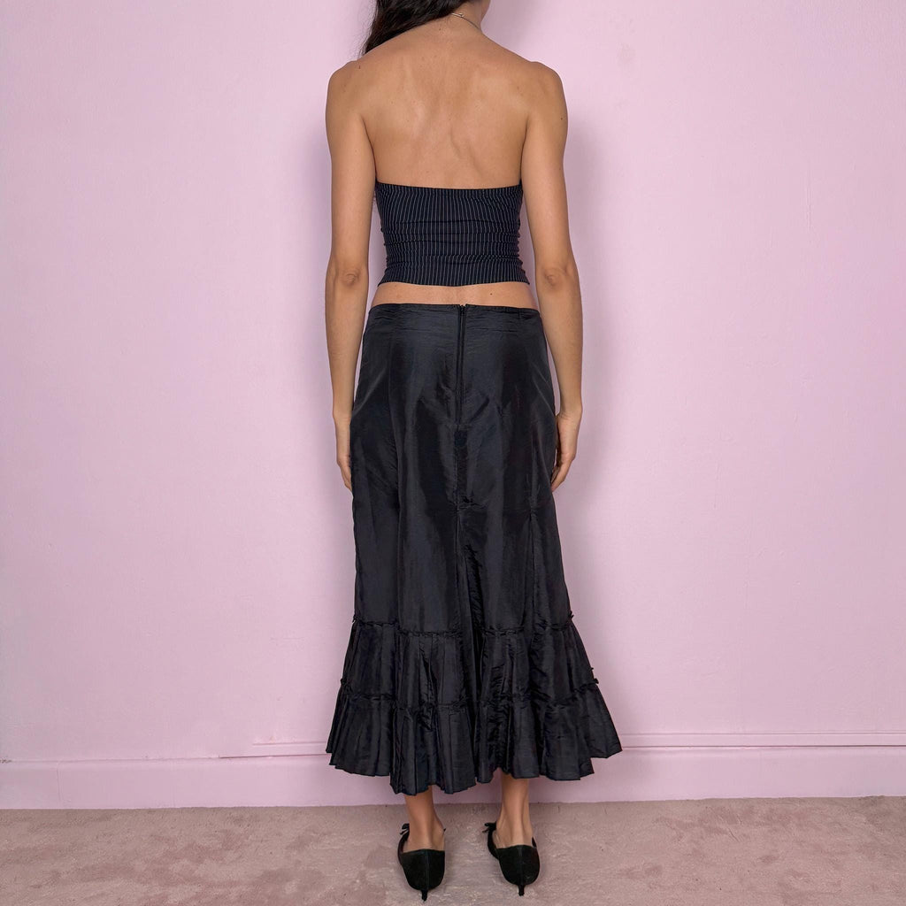 Vintage Y2K Black Skirt Godet Pleated Ruffle Midi 2000s Size M