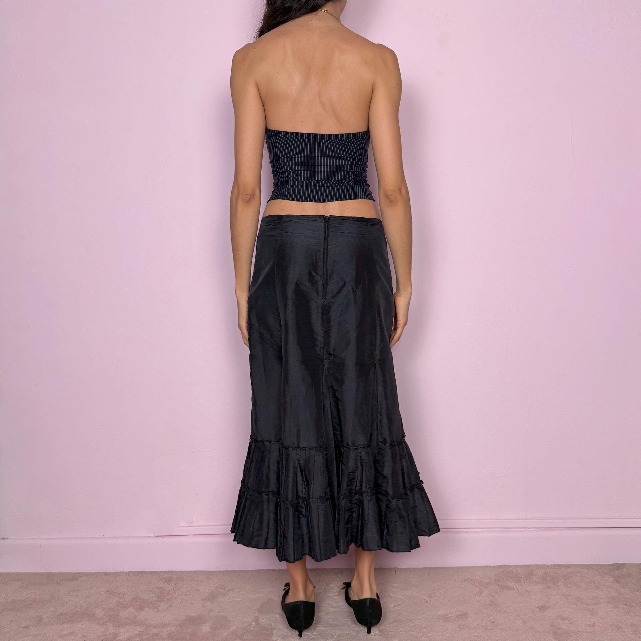 Vintage Y2K Black Skirt Godet Pleated Ruffle Midi 2000s Size M