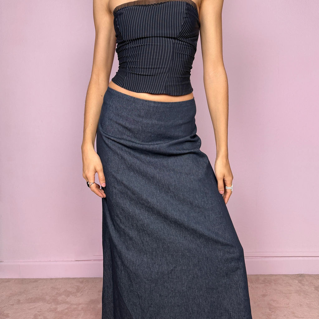 Vintage Y2K Denim Maxi Skirt Asymmetric Flared Blue 2000s Size S
