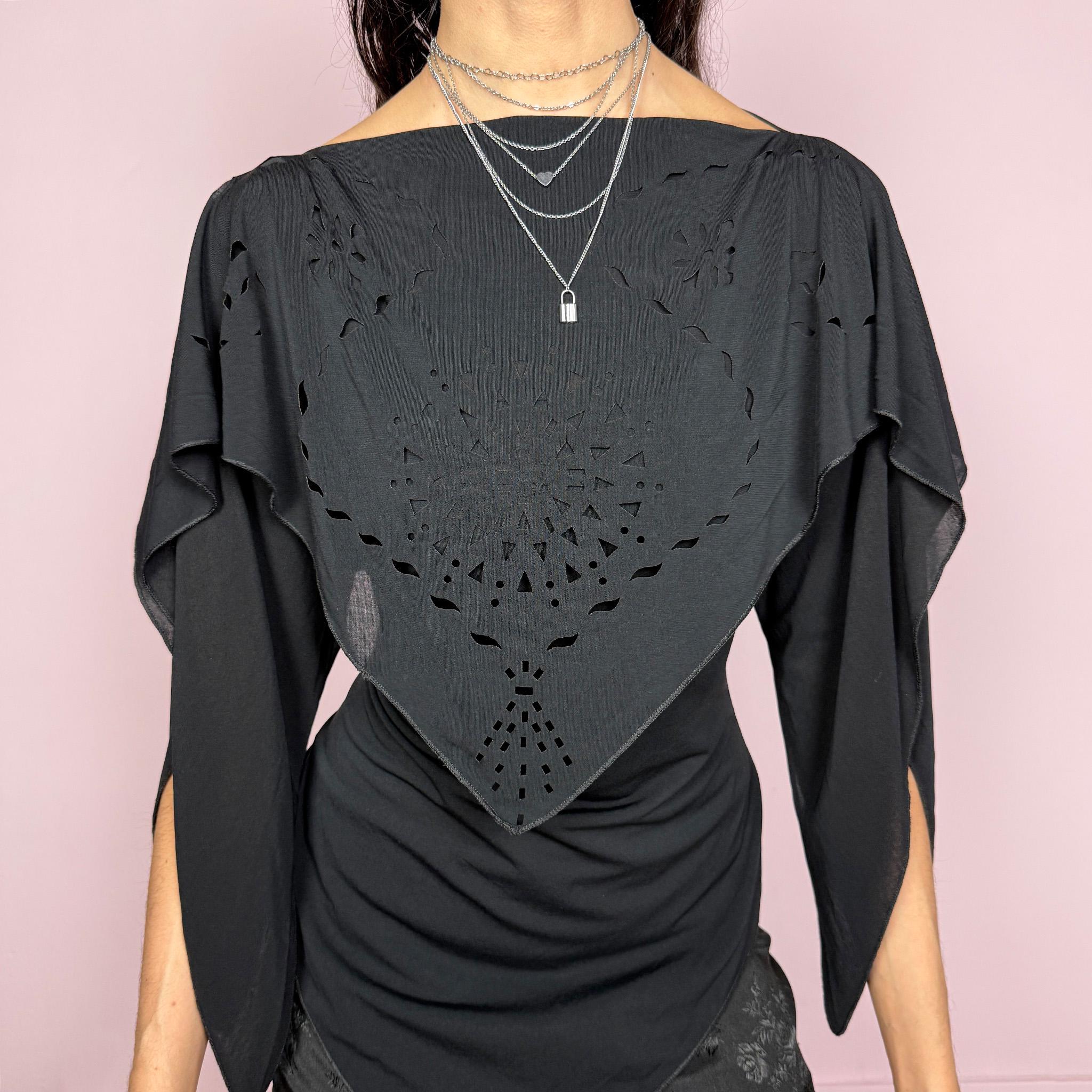 Vintage 2000s dark avant garde fitted top with a boat neckline and dramatic split sleeves. Features a layered deconstructed design with cut out detailing, asymmetric pointed hem, and fluid draped panels. Stretchy and sculpting silhouette. Made in France by a French brand from an acetate, elastane, and polyamide blend. Unique statement piece. Excellent vintage condition.