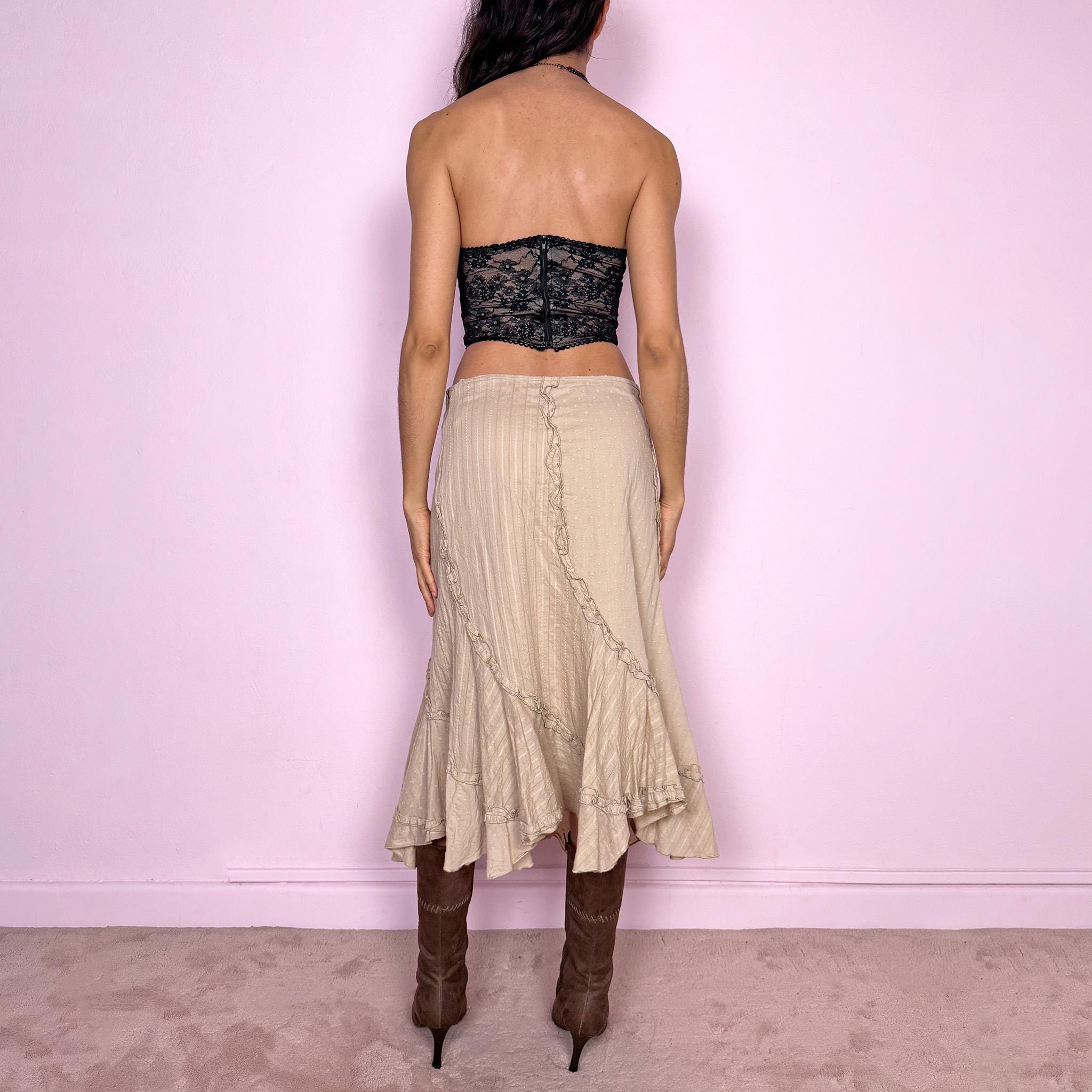 Vintage Y2K Beige Skirt Asymmetric Ruffle Cotton Midi 2000s Size L