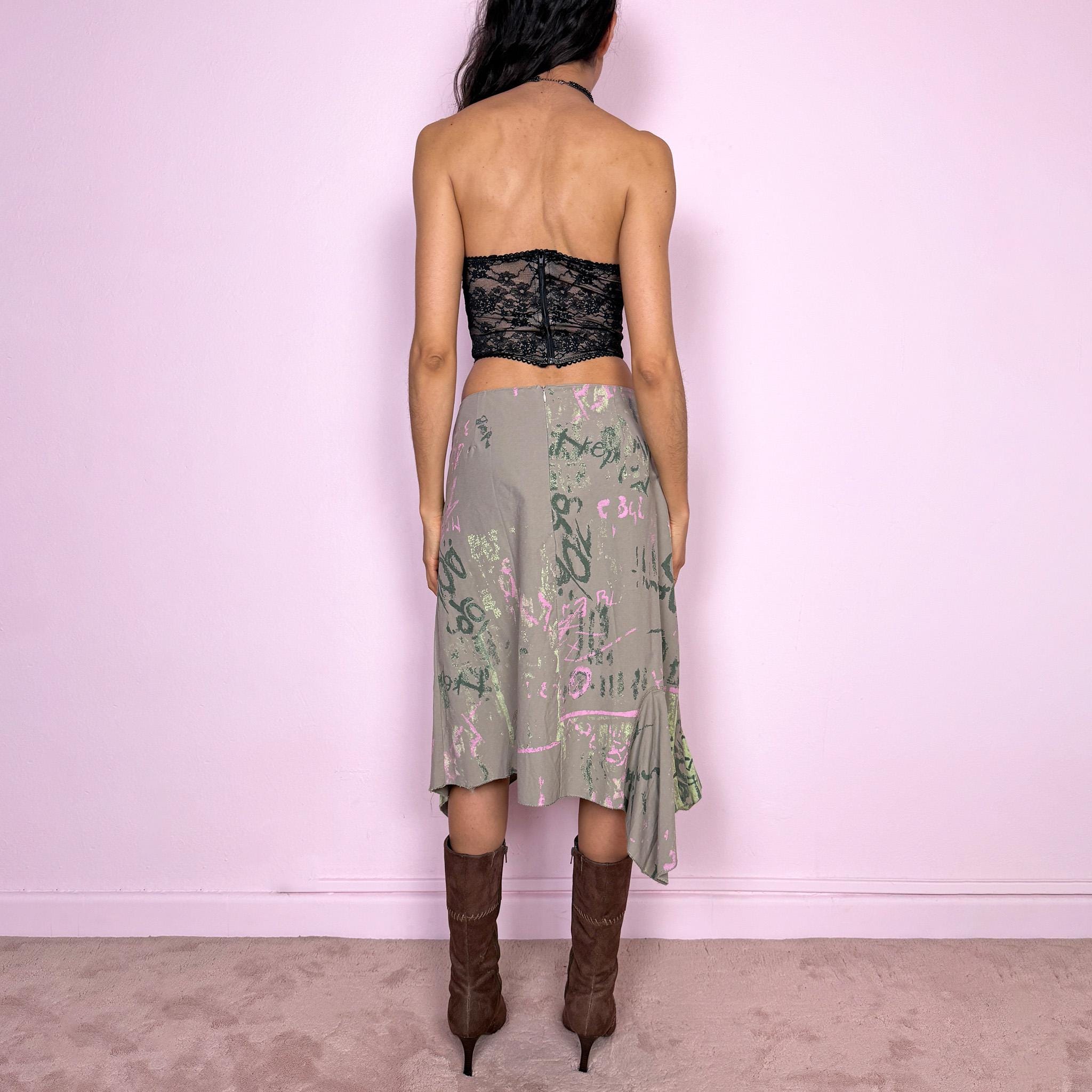 Vintage Y2K Green Skirt Asymmetric Graphic Midi 2000s Size M