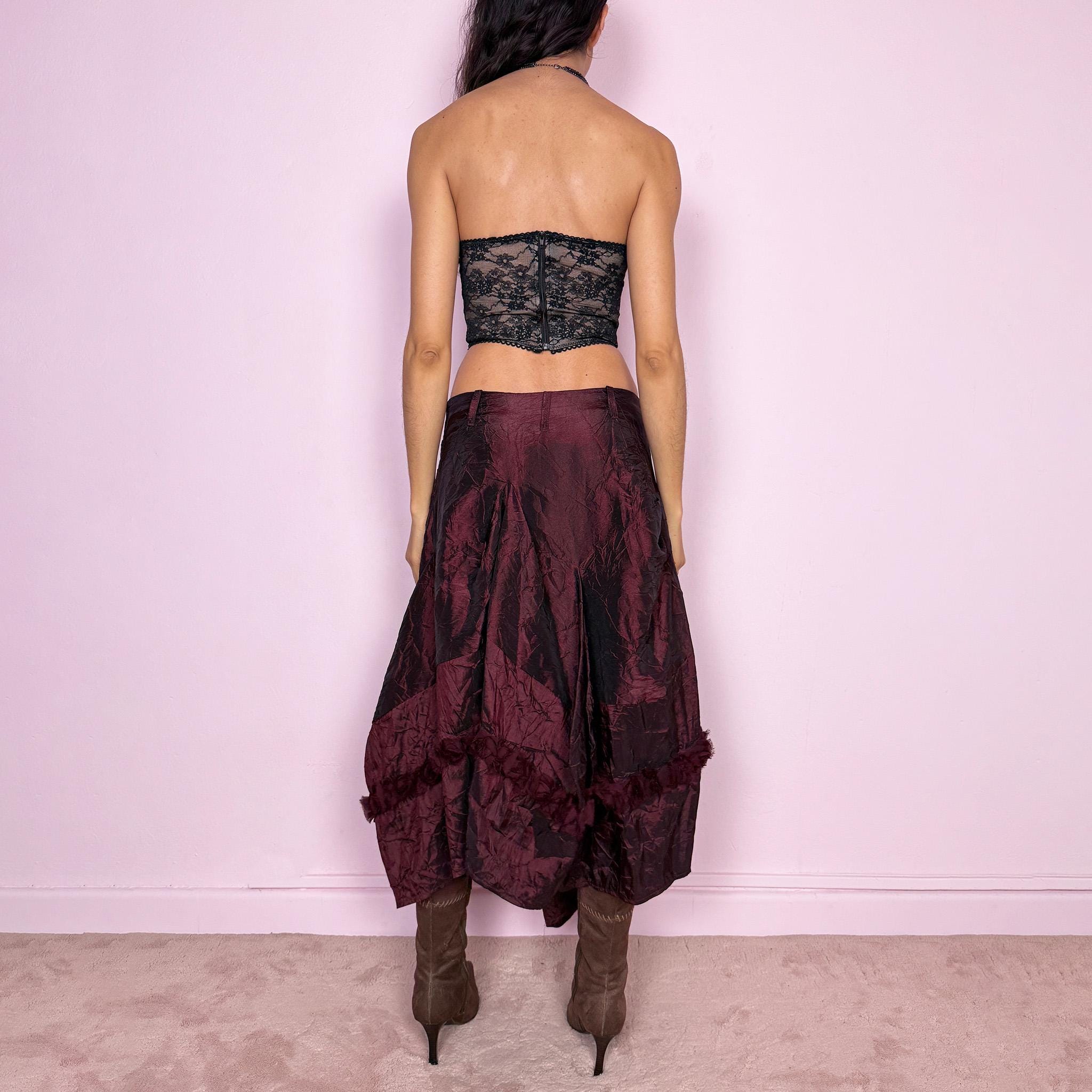Vintage 90s Burgundy Skirt Asymmetric Iridescent Midi Y2K 2000s Size M
