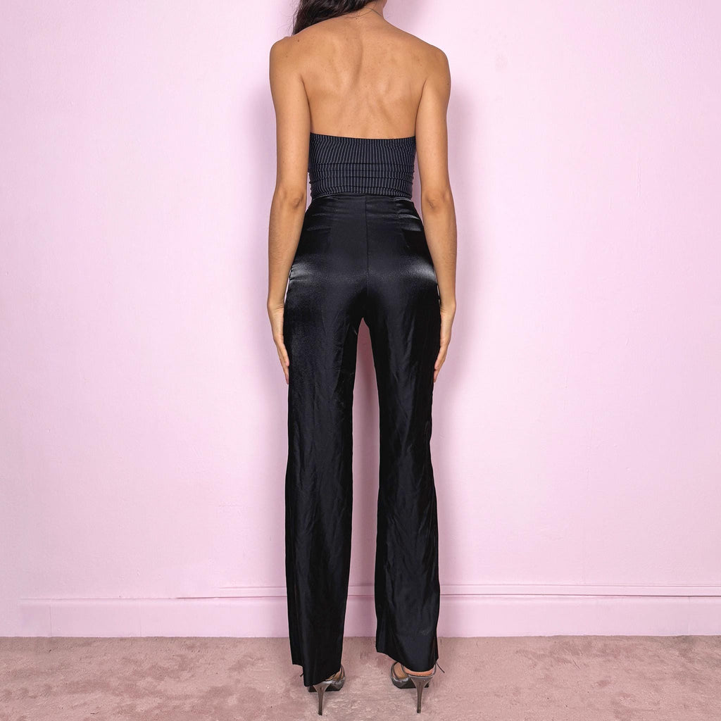 Vintage Y2K Black Pants Satin Wide Leg High Waisted 2000s Size XXS