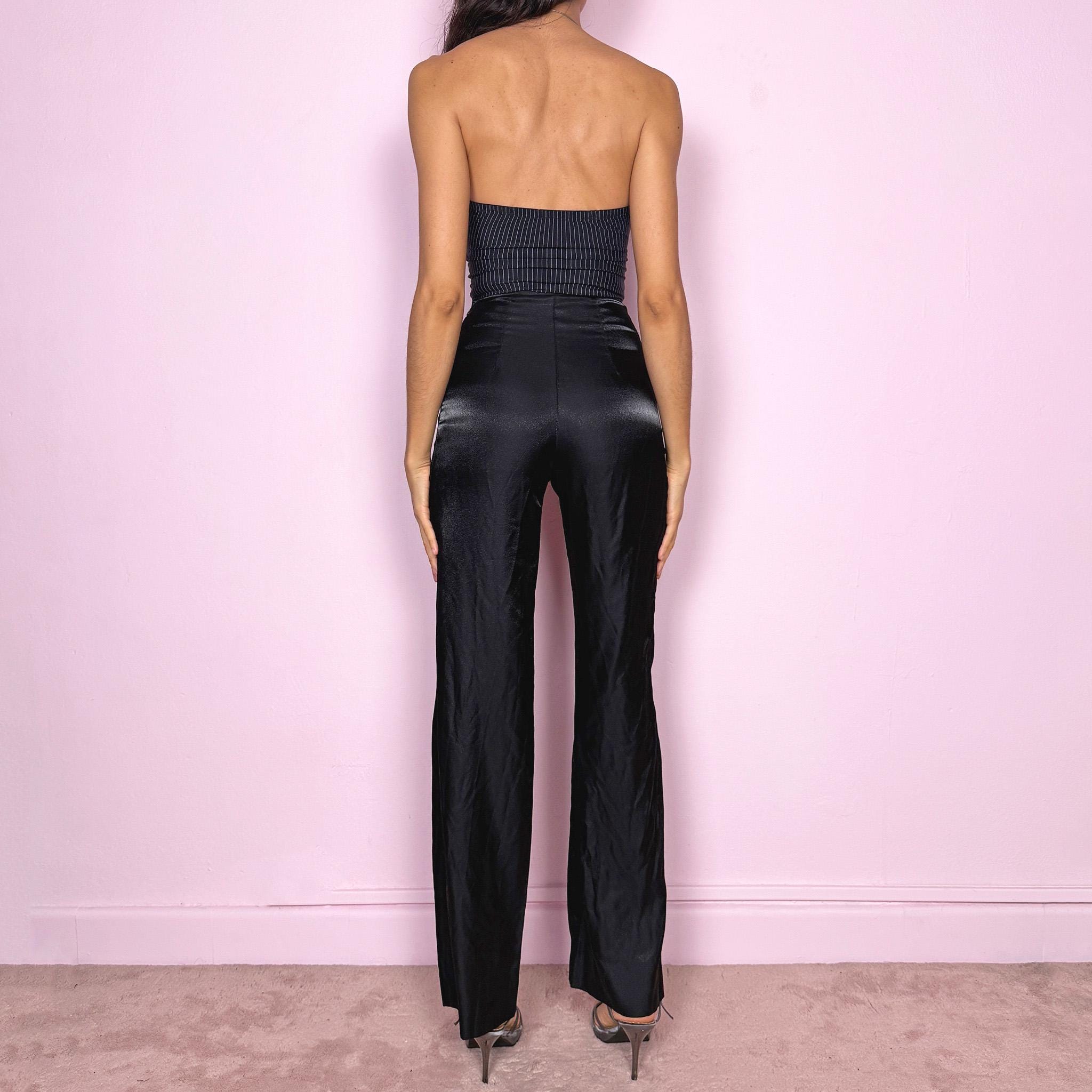 Vintage Y2K Black Pants Satin Wide Leg High Waisted 2000s Size XXS