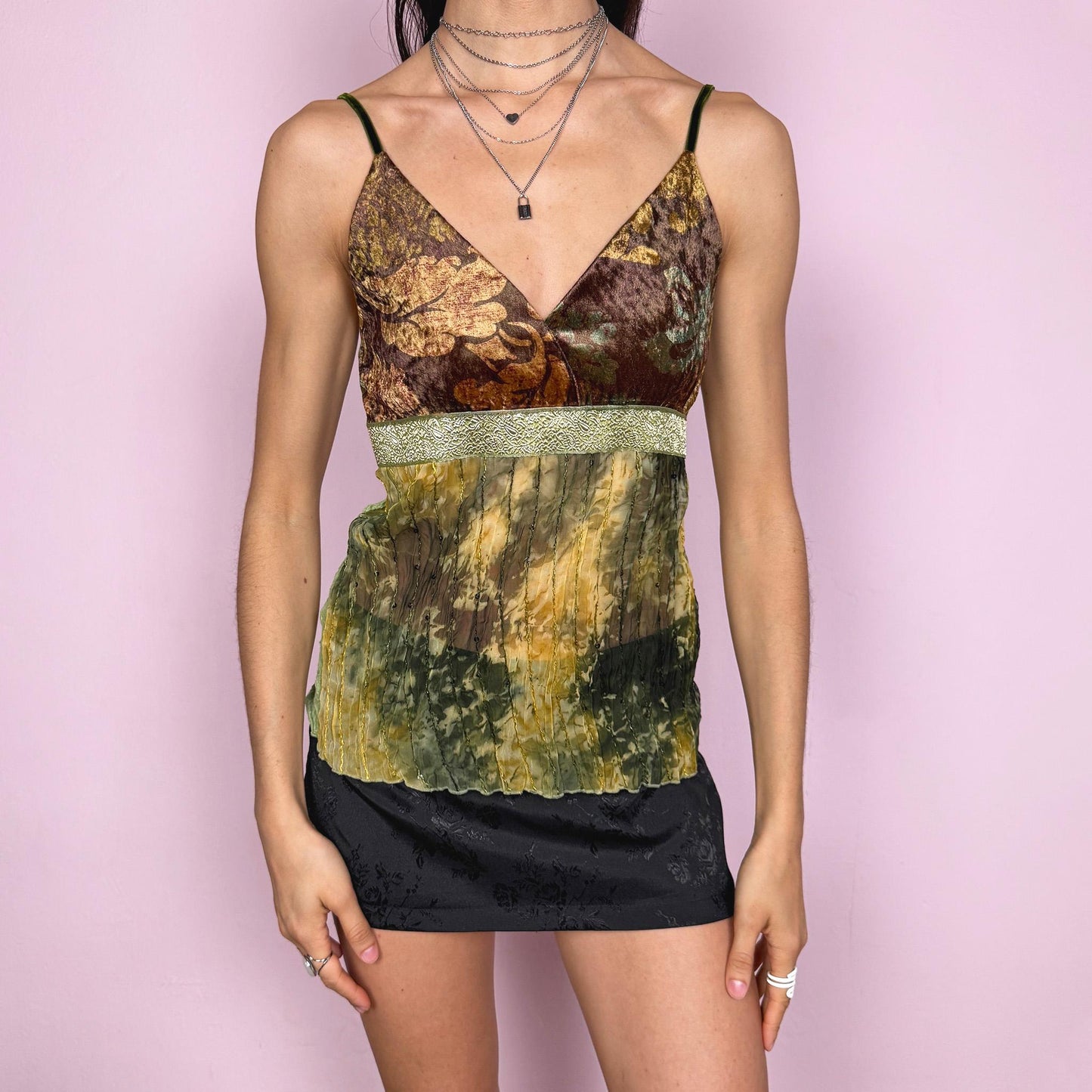 Vintage 2000s boho fairycore V-neck cami top with a stretchy fit, featuring a semi sheer panel in green and yellow tie dye and a brown floral velvet bust panel. Designed with a soft flowing silhouette and contrasting textures for a unique look. Perfect for summer, holiday, or vacation wear. Made from 45% cotton with polyester and elastane blend by a Spanish brand. Excellent vintage condition.