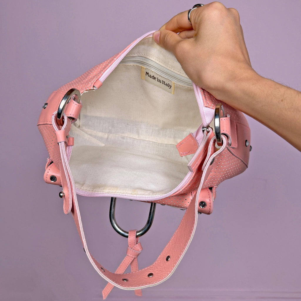 Vintage Y2K Pink Shoulder Bag Baguette Studded Leather 2000s