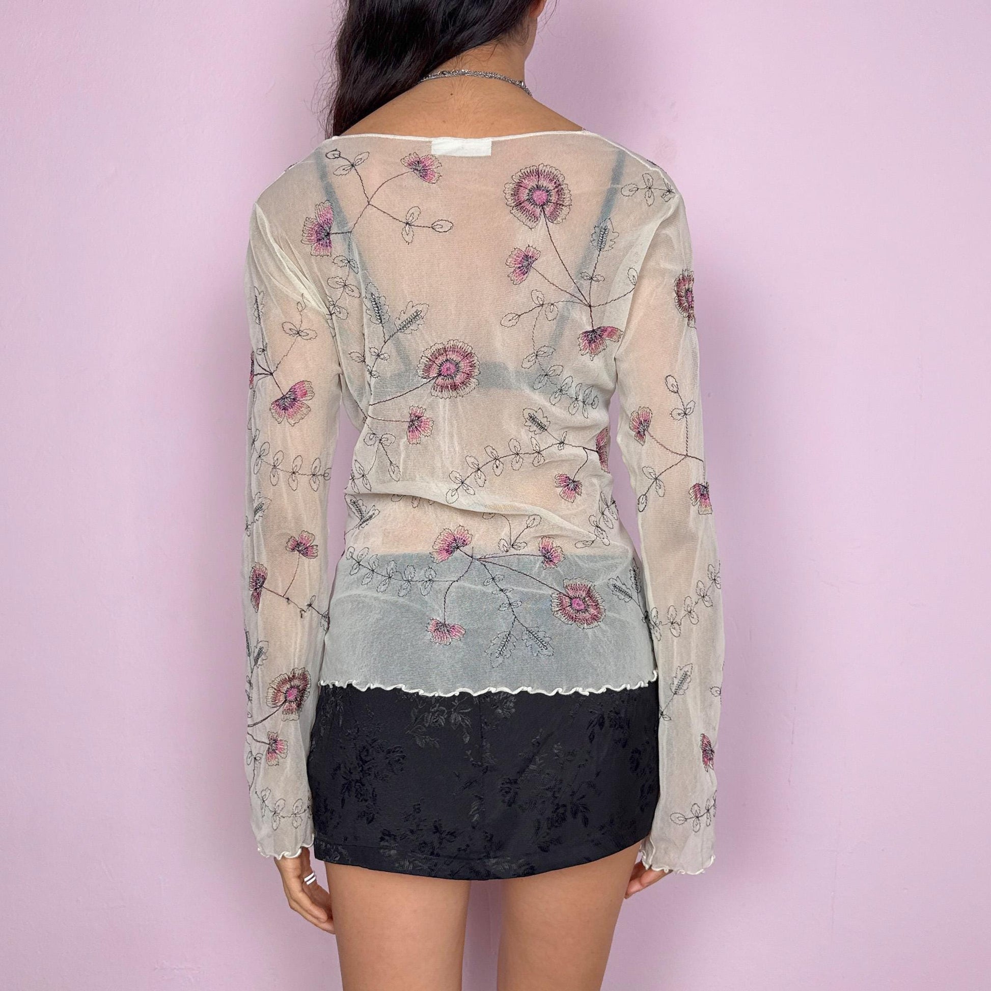 Vintage Y2K Cream Top Mesh Embroidered Sheer 2000s Size L