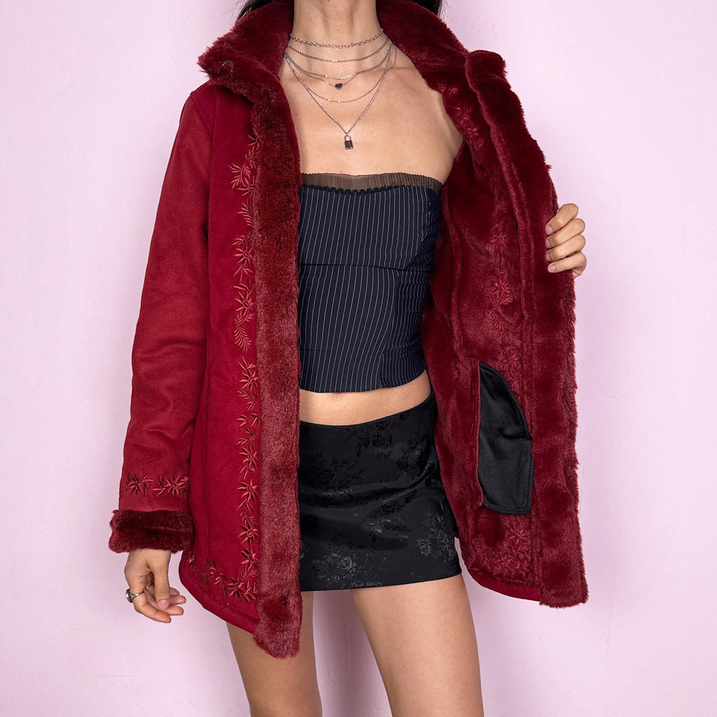Vintage Y2K Penny Lane Coat Red Faux Fur Embroidered 2000s Size XS