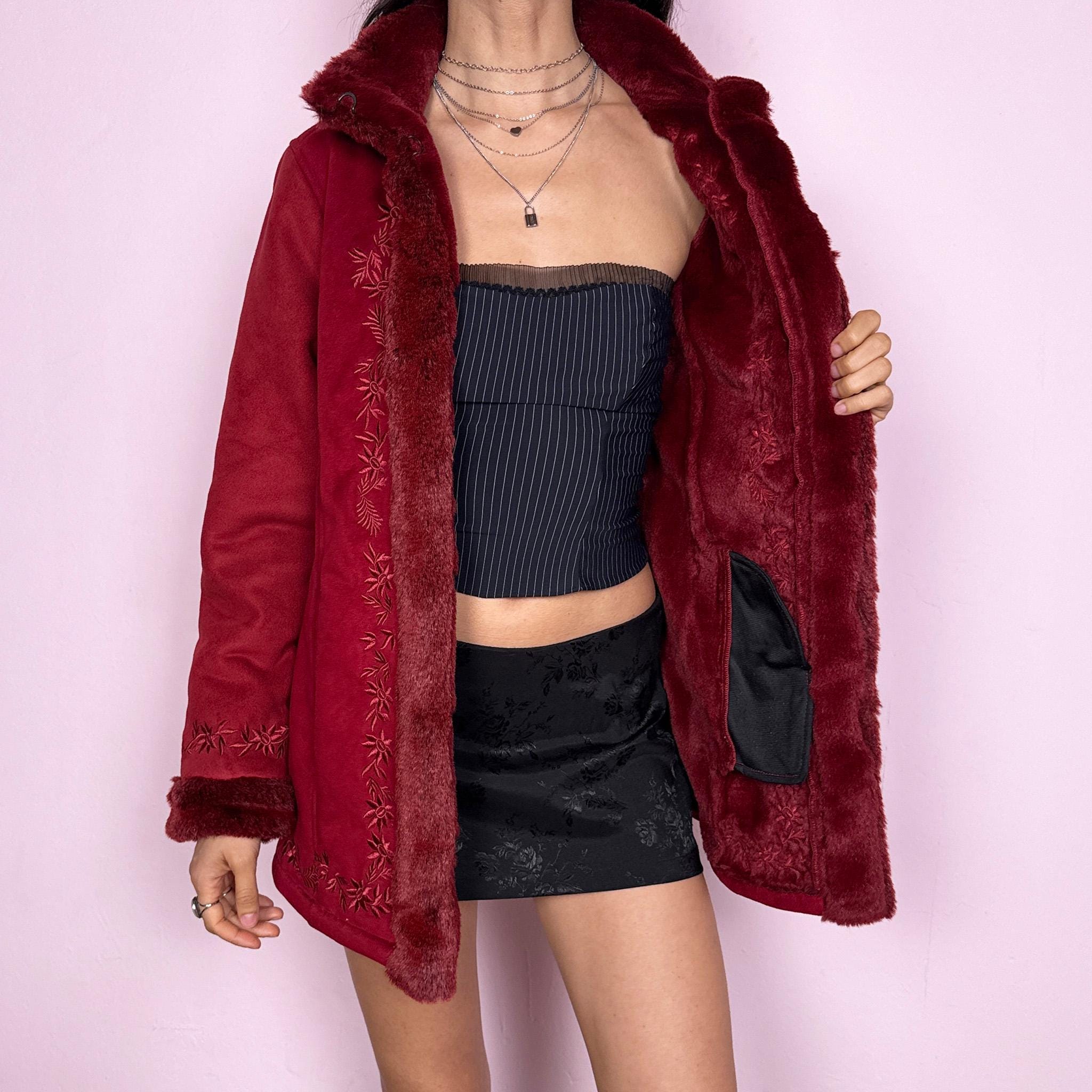 Vintage Y2K Penny Lane Coat Red Faux Fur Embroidered 2000s Size XS