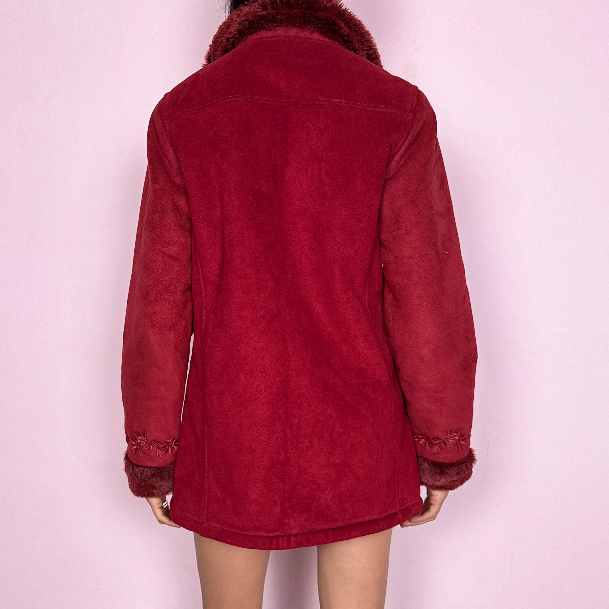 Vintage Y2K Penny Lane Coat Red Faux Fur Embroidered 2000s Size XS