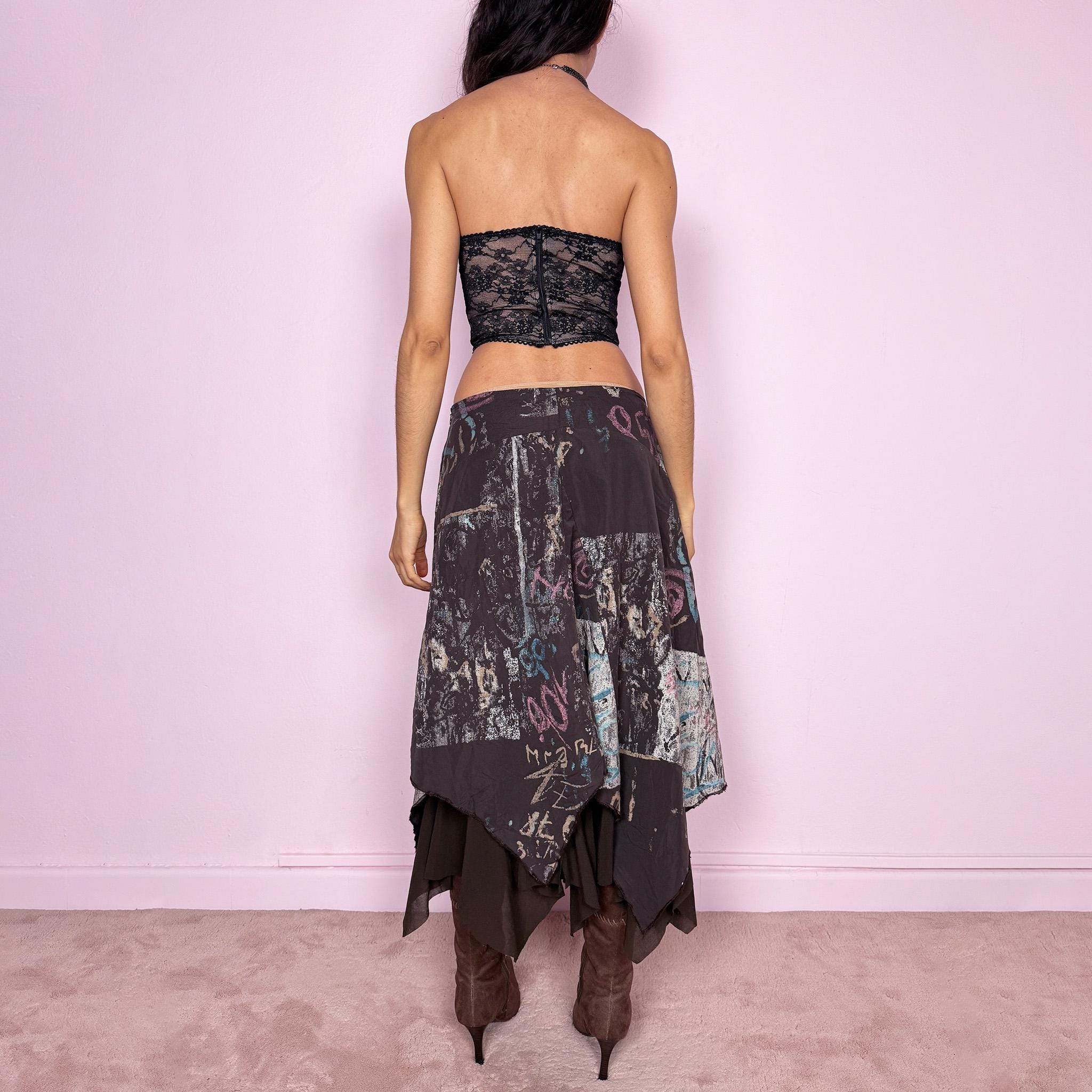 Vintage Y2K Brown Skirt Asymmetric Layered Midi 2000s Size M