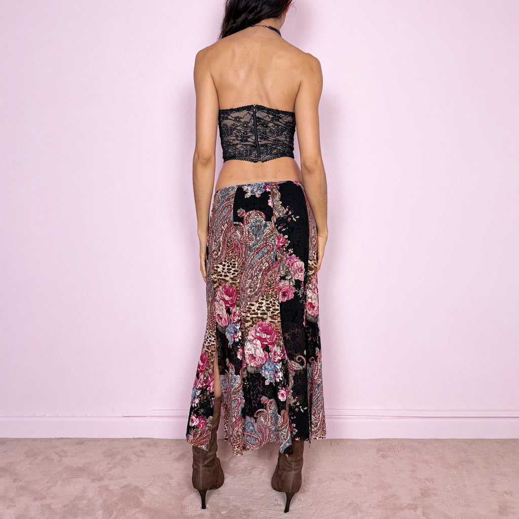 Vintage Y2K Midi Skirt Lace Floral Paisley Slit 2000s Size S