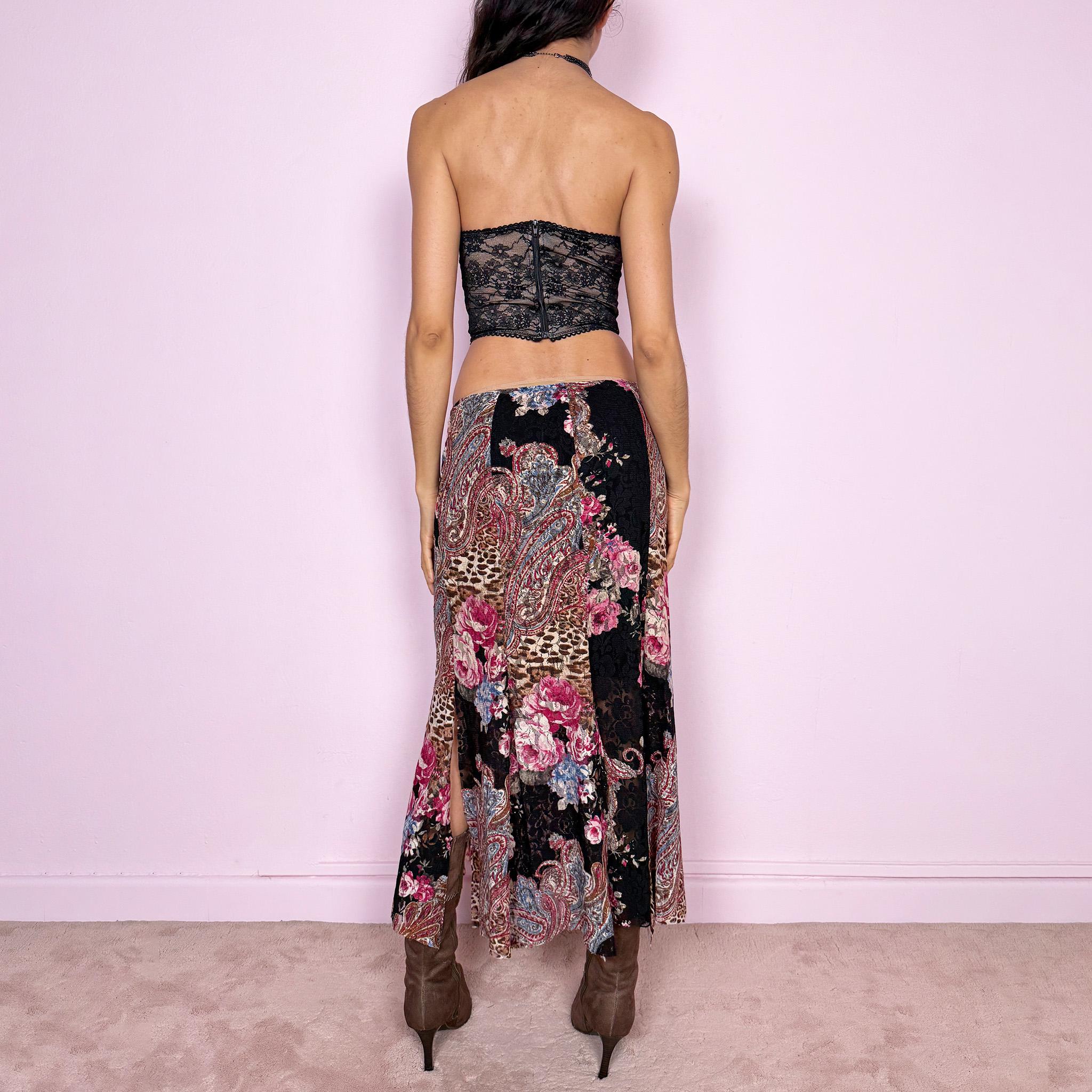 Vintage Y2K Midi Skirt Lace Floral Paisley Slit 2000s Size S
