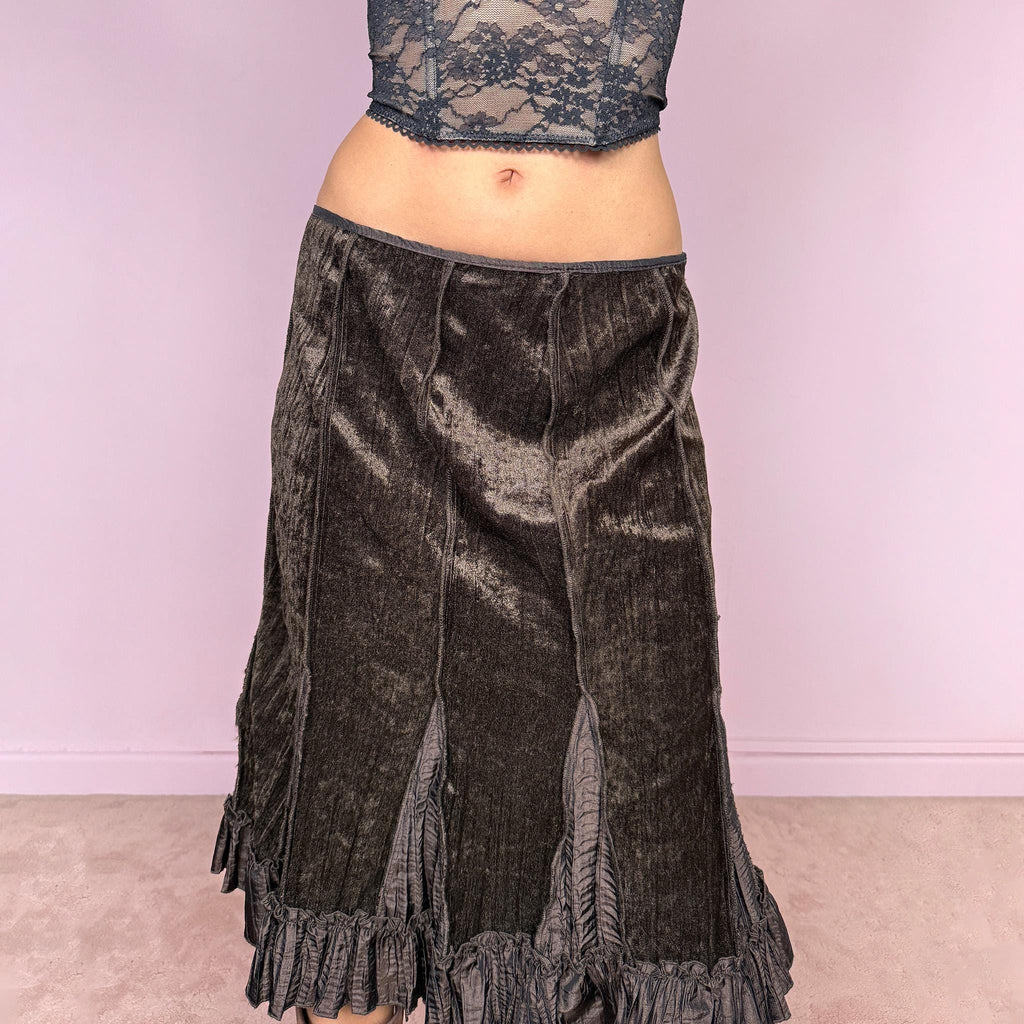 Vintage 90s Brown Skirt Velvet Ruffle Midi Y2K 2000s Size L