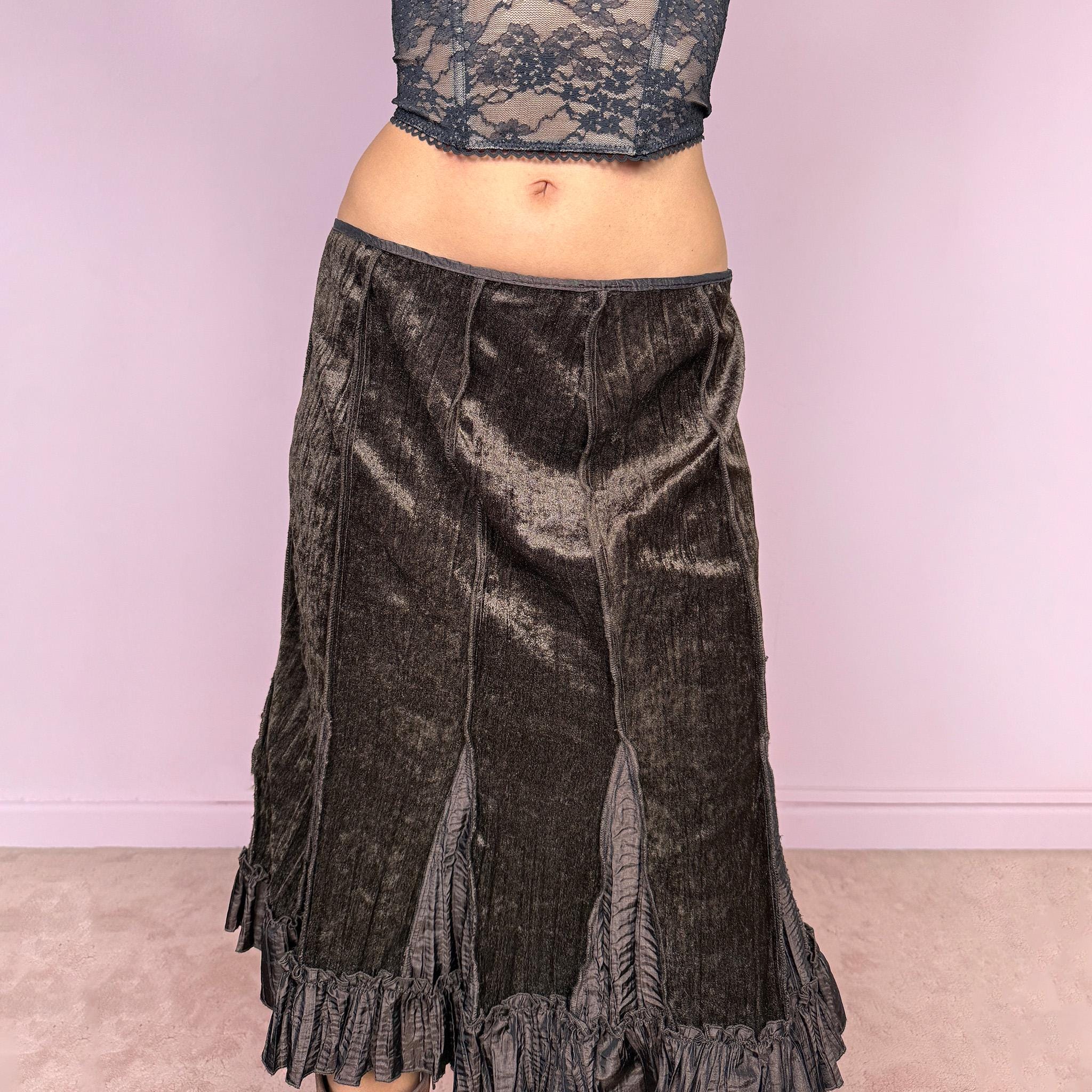 Vintage 90s Brown Skirt Velvet Ruffle Midi Y2K 2000s Size L