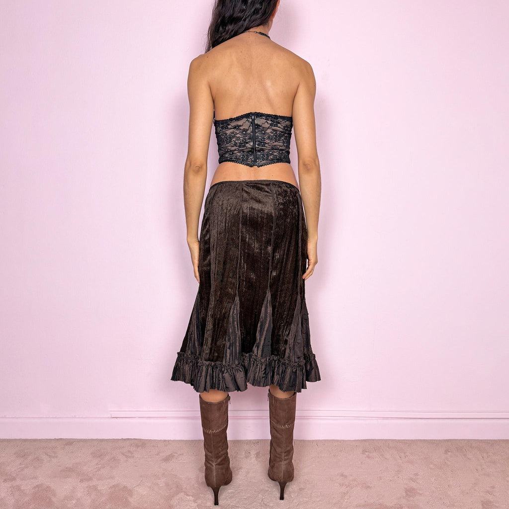 Vintage 90s Brown Skirt Velvet Ruffle Midi Y2K 2000s Size L