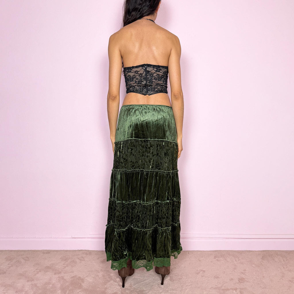 Vintage Y2K Green Skirt Velvet Tiered Midi 2000s Size M