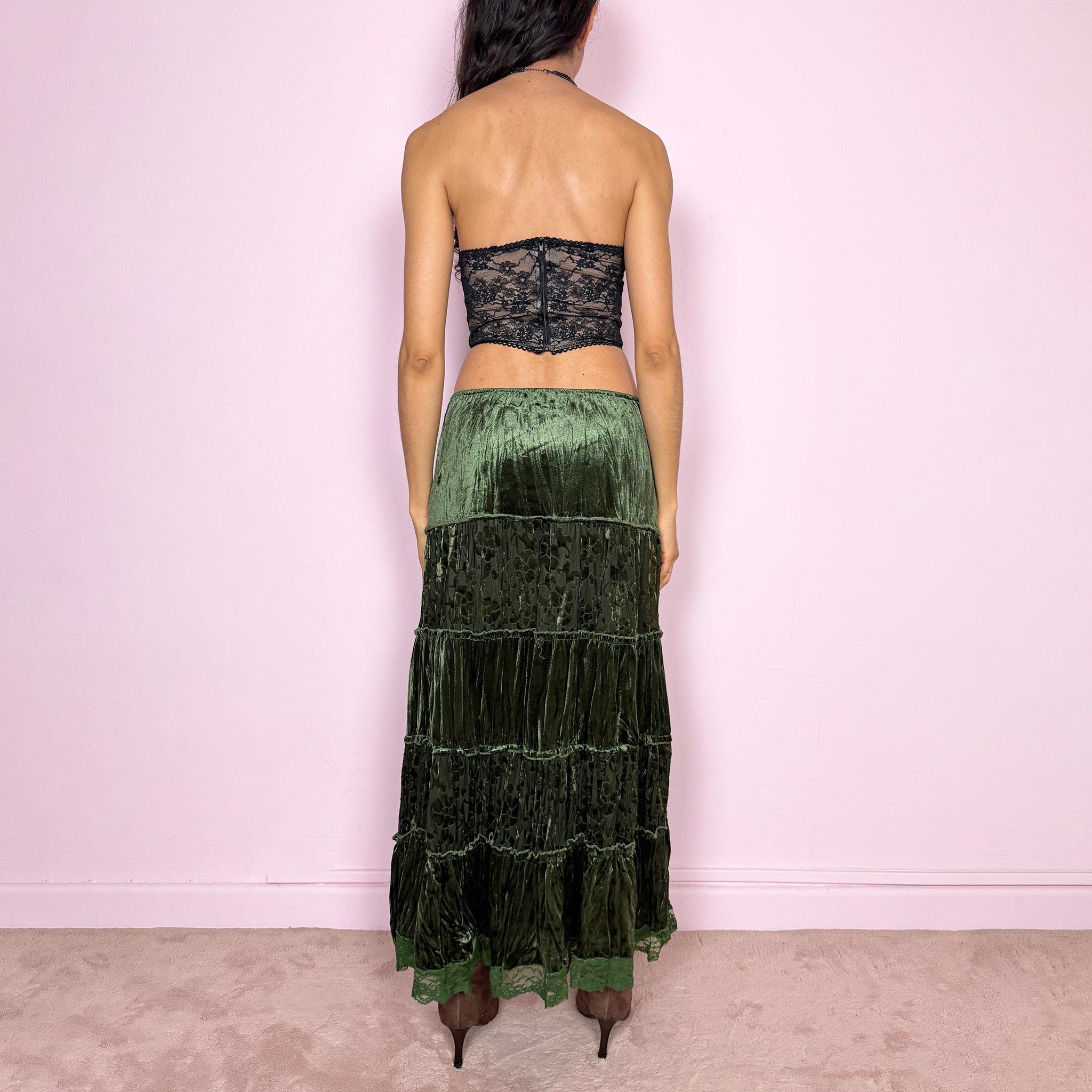 Vintage Y2K Green Skirt Velvet Tiered Midi 2000s Size M