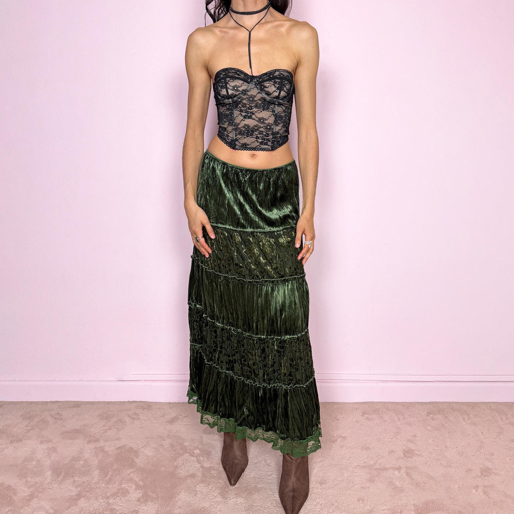 Vintage 2000s green velvet midi skirt with a whimsical fairycore boho feel. Features a tiered construction with burnout mesh floral panels and a soft crinkled texture. Stretchy elastic waistband for flexible fit. Can be worn high waisted for size M or lower for size S. Made by a French brand from polyester. Excellent vintage condition.