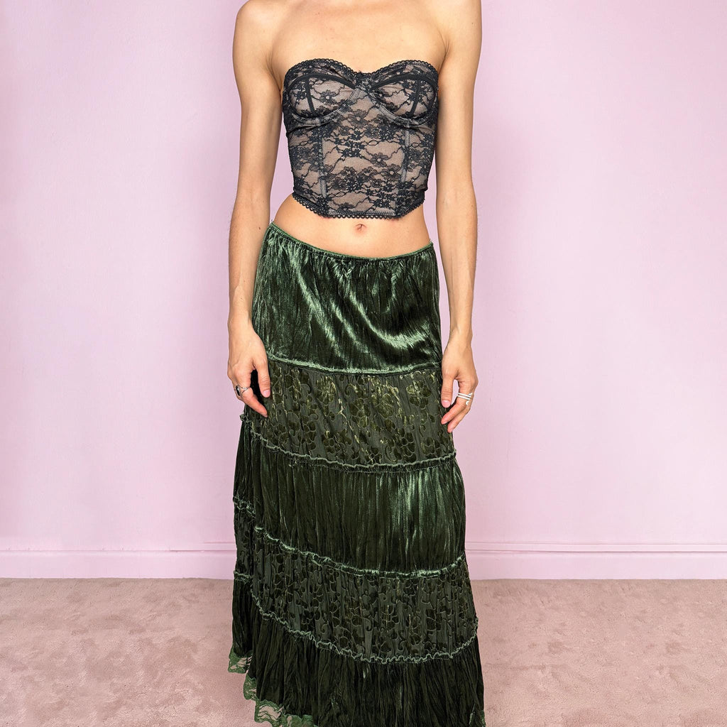 Vintage 2000s green velvet midi skirt with a whimsical fairycore boho feel. Features a tiered construction with burnout mesh floral panels and a soft crinkled texture. Stretchy elastic waistband for flexible fit. Can be worn high waisted for size M or lower for size S. Made by a French brand from polyester. Excellent vintage condition.