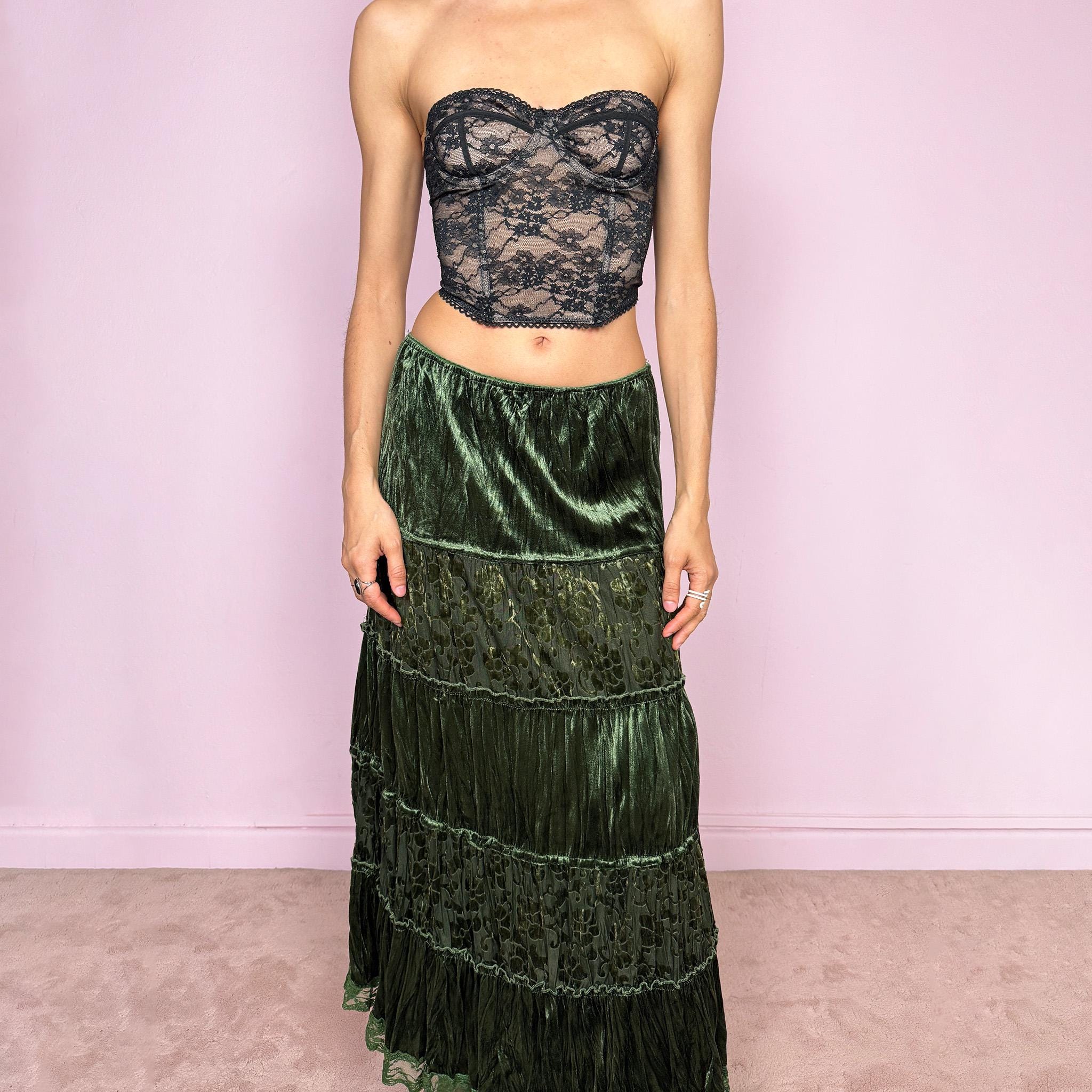 Vintage 2000s green velvet midi skirt with a whimsical fairycore boho feel. Features a tiered construction with burnout mesh floral panels and a soft crinkled texture. Stretchy elastic waistband for flexible fit. Can be worn high waisted for size M or lower for size S. Made by a French brand from polyester. Excellent vintage condition.