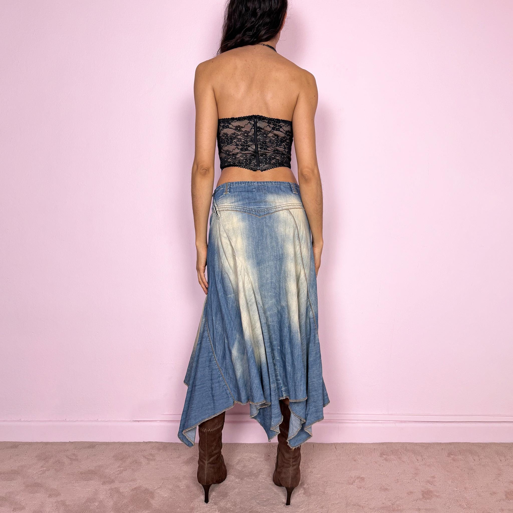 Vintage Y2K Denim Midi Skirt Blue Asymmetric Flared 2000s Size M