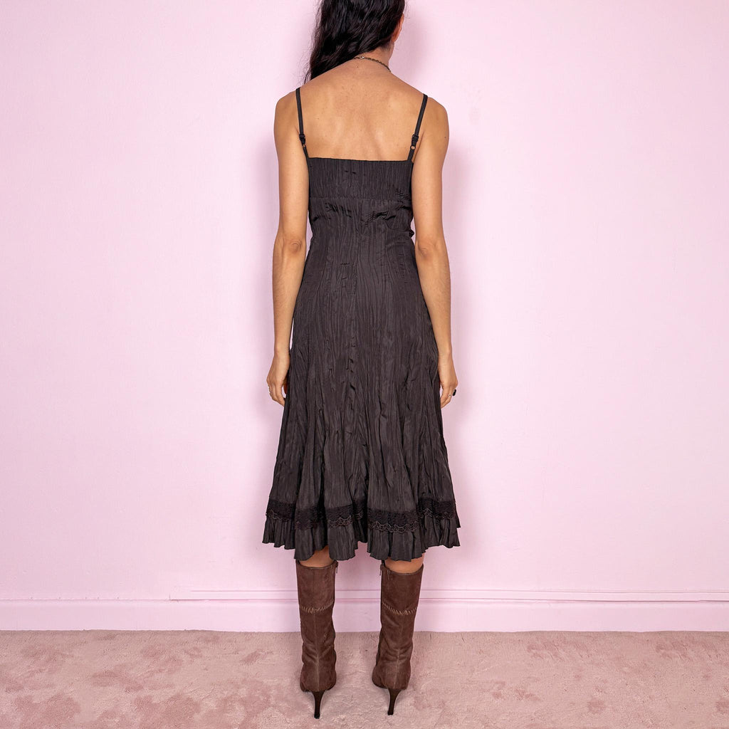 Vintage Y2K Brown Dress Crinkle Pleated Ruffle Midi Fairy Avant Garde 2000s Size M