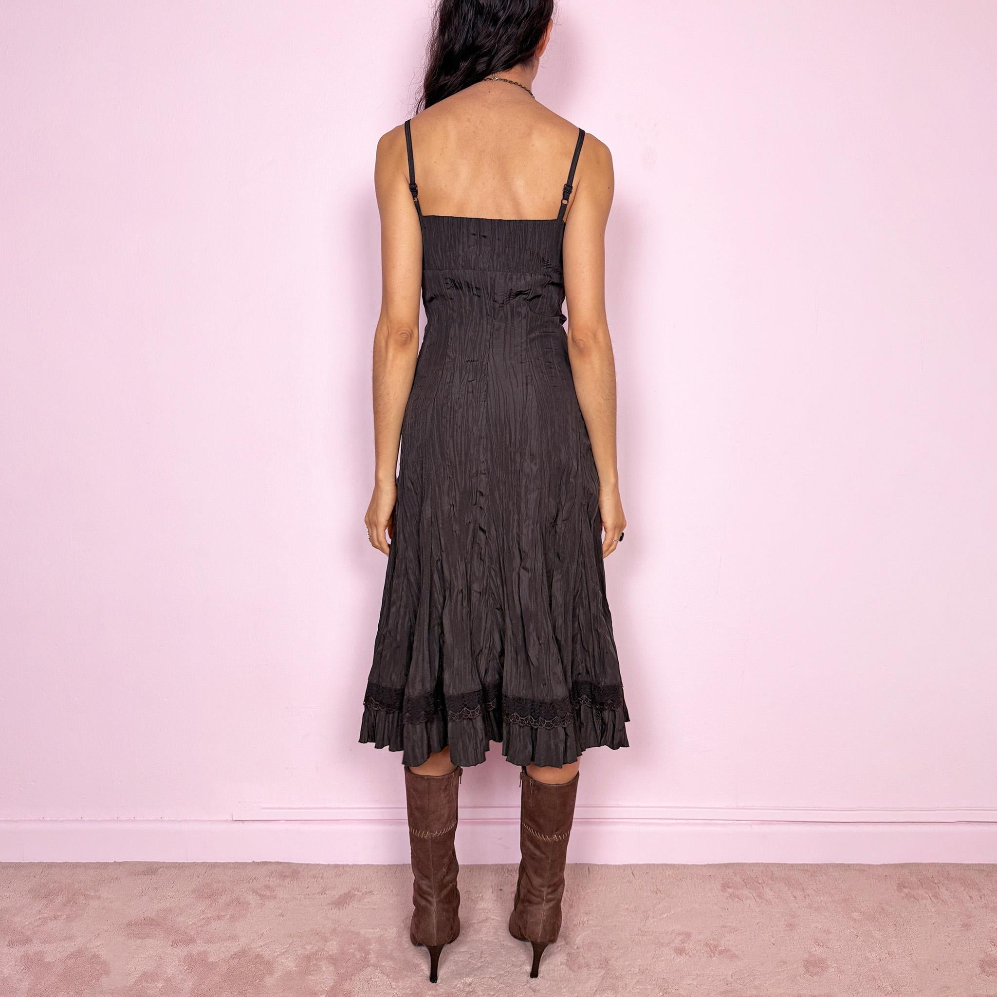 Vintage Y2K Brown Dress Crinkle Pleated Ruffle Midi Fairy Avant Garde 2000s Size M